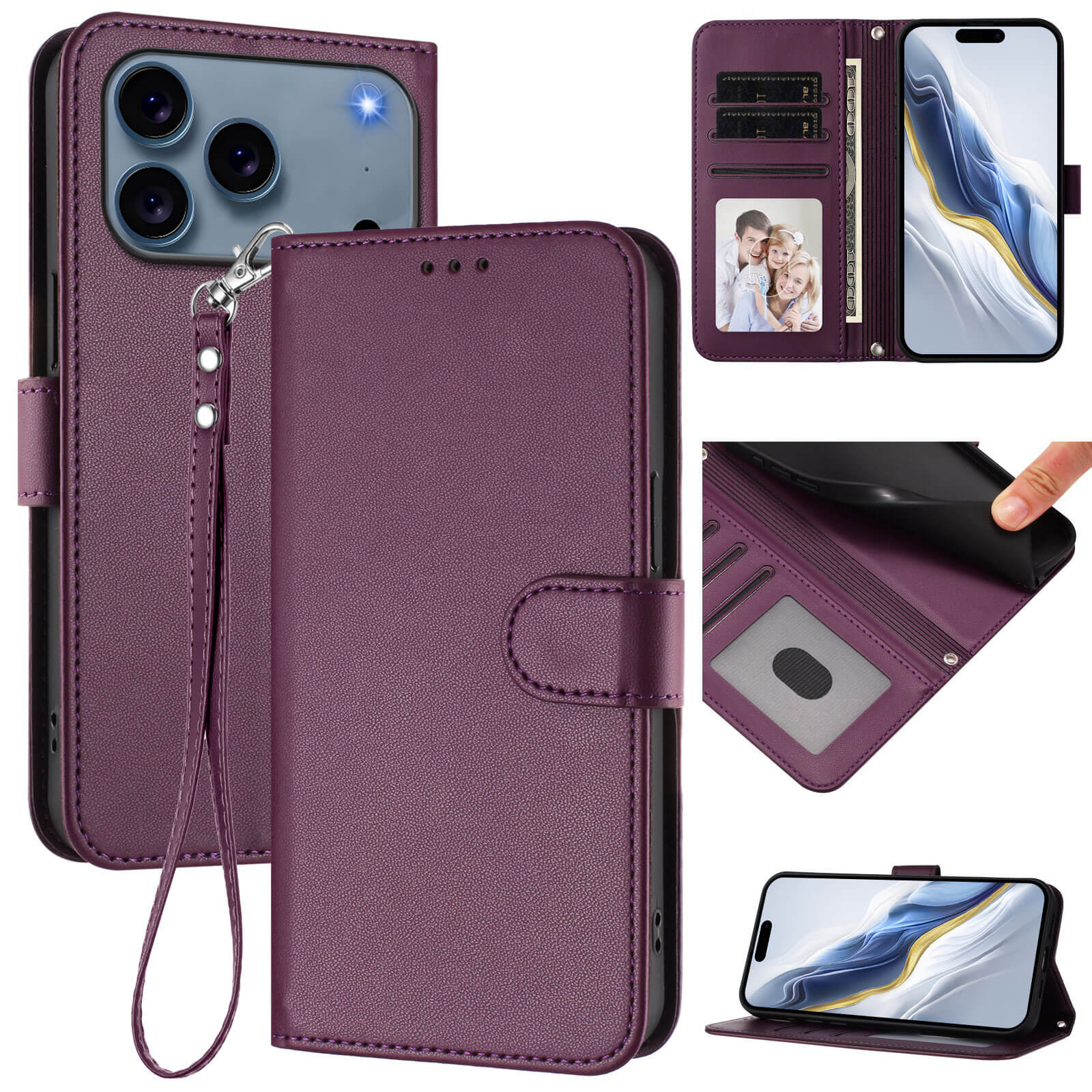 Cover-Discount iPhone 17 Pro - Glänzendes Hüllen Etui mit Handschlaufe: Lila PU-Leder Wallet-Case mit Kartenfächern, Kartenetui, Standfunktion und Trageschlaufe; offen und geschlossen mit Handy gezeigt.
