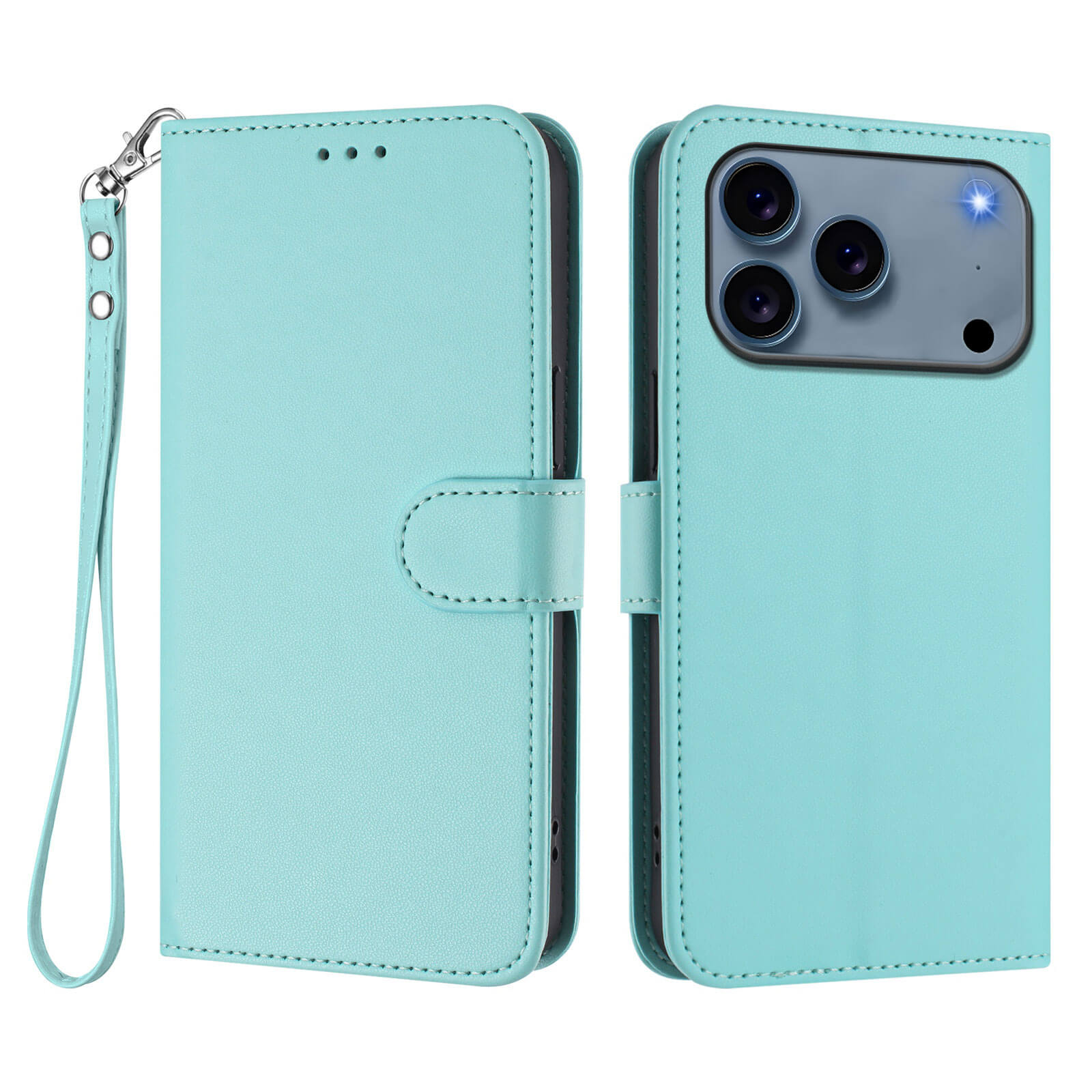 Das Cover-Discount iPhone 17 Pro - Glänzendes Hüllen Etui mit Handschlaufe aus hellblauem PU-Leder, offen und geschlossen abgebildet, verfügt über ein Kartenetui und passt für das iPhone 17 Pro mit drei rückseitigen Kameras.