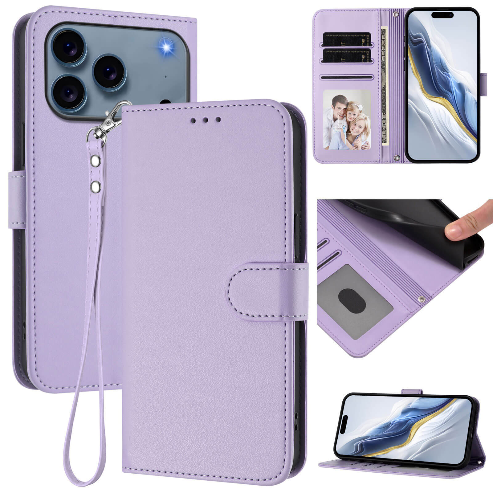 Das glänzende iPhone 17 Pro Hüllen Etui von Cover-Discount mit Handschlaufe, Kartenfächern, Fotoslots und Magnetverschluss schützt Ihr Gerät stilvoll rundum.