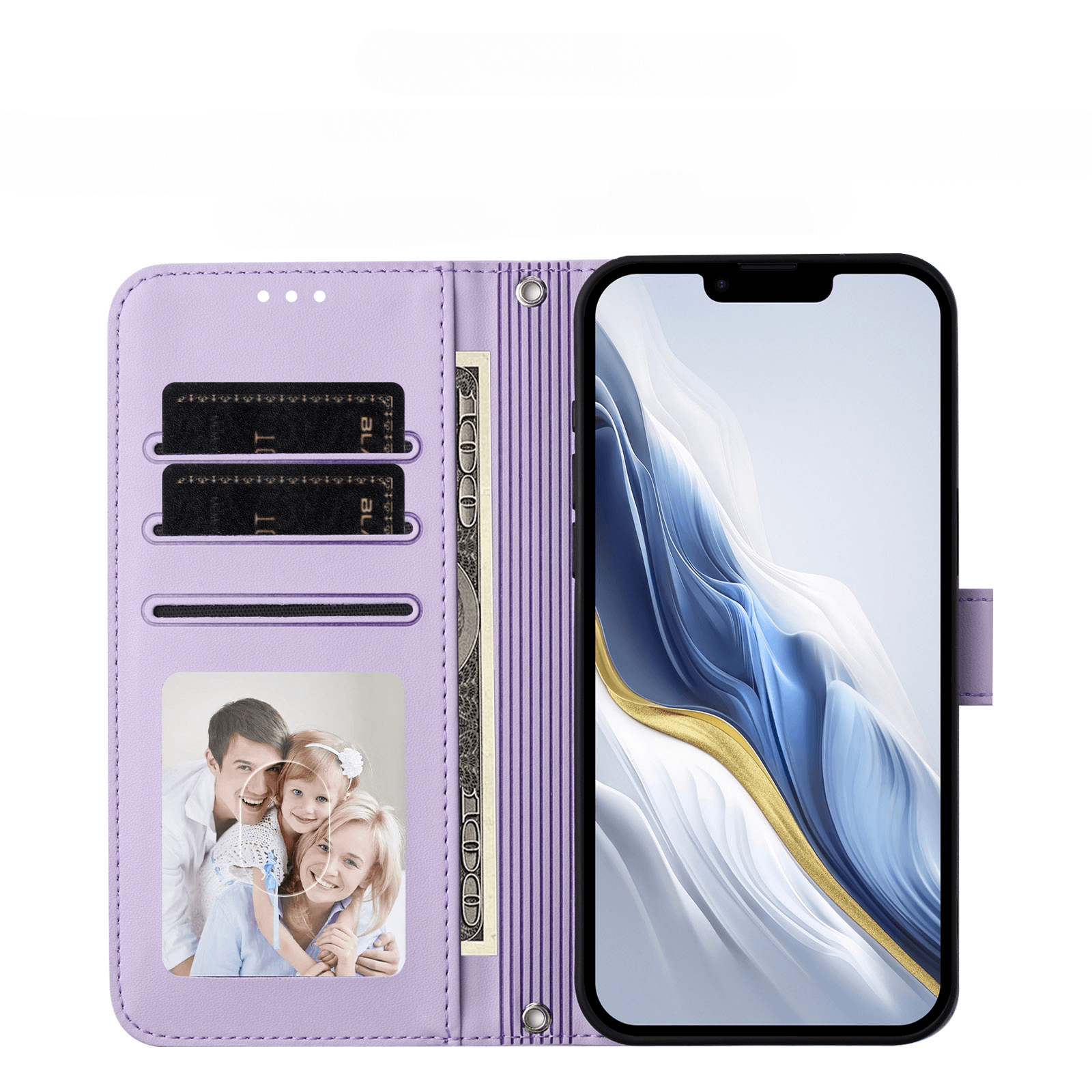 Das iPhone 17 Pro - Glänzendes Hüllen Etui mit Handschlaufe von Cover-Discount in Lavendel bewahrt Bargeld, Karten und ein Familienfoto sicher im Kartenfach auf.