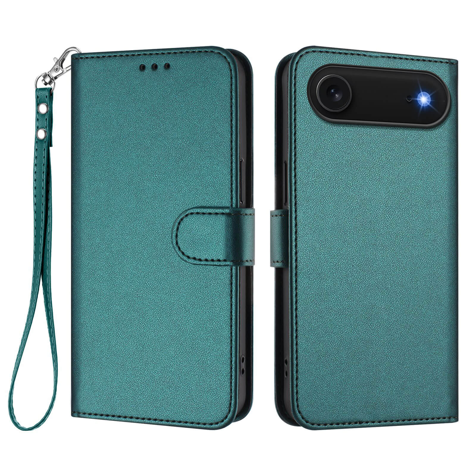 Cover-Discount iPhone 17 Air Glänzendes Hüllen Etui mit Handschlaufe, in Teal, offen und geschlossen gezeigt - passgenau mit Kamerafreischnitt und Blitzfunktion.