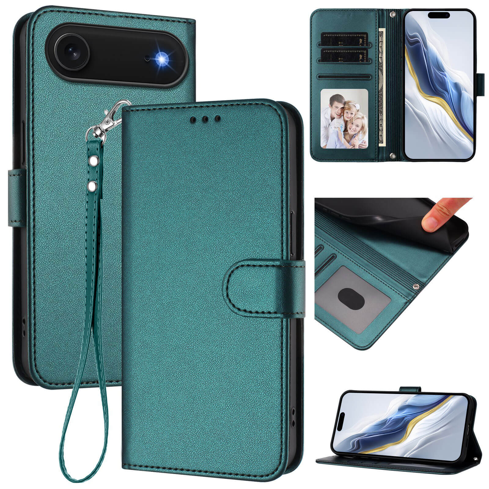 Das iPhone 17 Air Glänzendes Hüllen Etui mit Handschlaufe von Cover-Discount aus Teal PU-Leder bietet Kartenfächer, Standfunktion und zeigt verschiedene Blickwinkel.