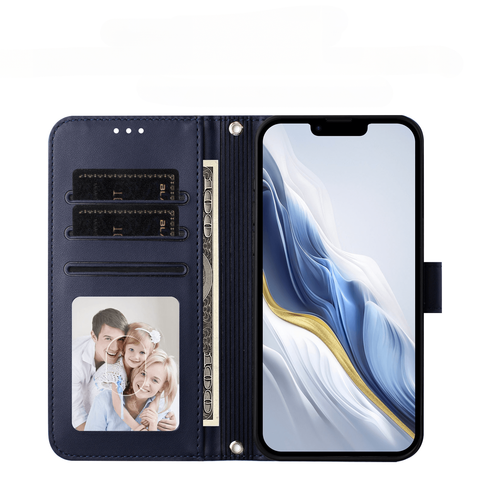 Die Cover-Discount iPhone 17 Air - Glänzendes Hüllen Etui mit Handschlaufe bietet Karten-, Bargeld- und Fotofächer und schützt Ihr Smartphone sicher auf der rechten Seite.