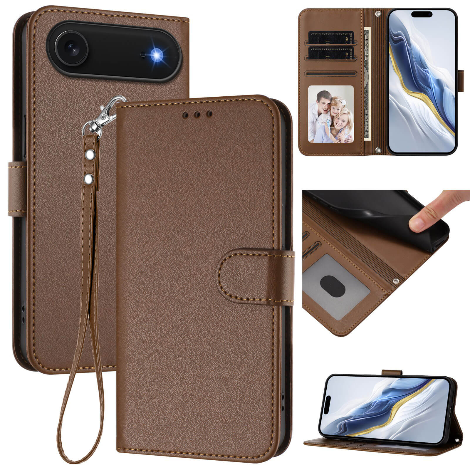 Cover-Discount iPhone 17 Air - Glänzendes Hüllen Etui mit Handschlaufe, Kartenfächern und Standfunktion, aus verschiedenen Perspektiven gezeigt.