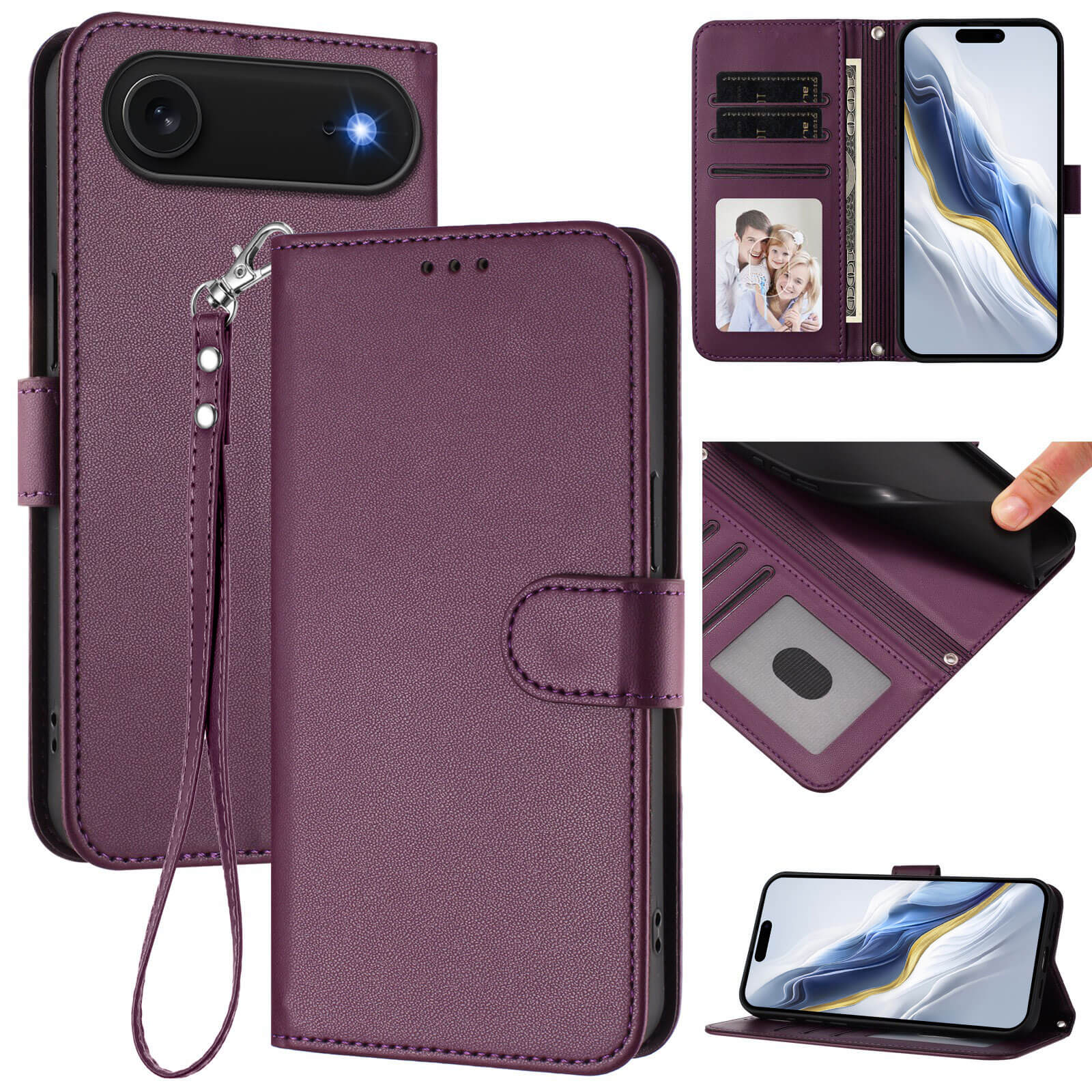 Das Cover-Discount iPhone 17 Air - Glänzendes Hüllen-Etui mit Handschlaufe bietet Kartenfächer, Standfunktion und PU-Leder-Schutz - als praktisches Etui mit Handschlaufe für das iPhone 17 Air.