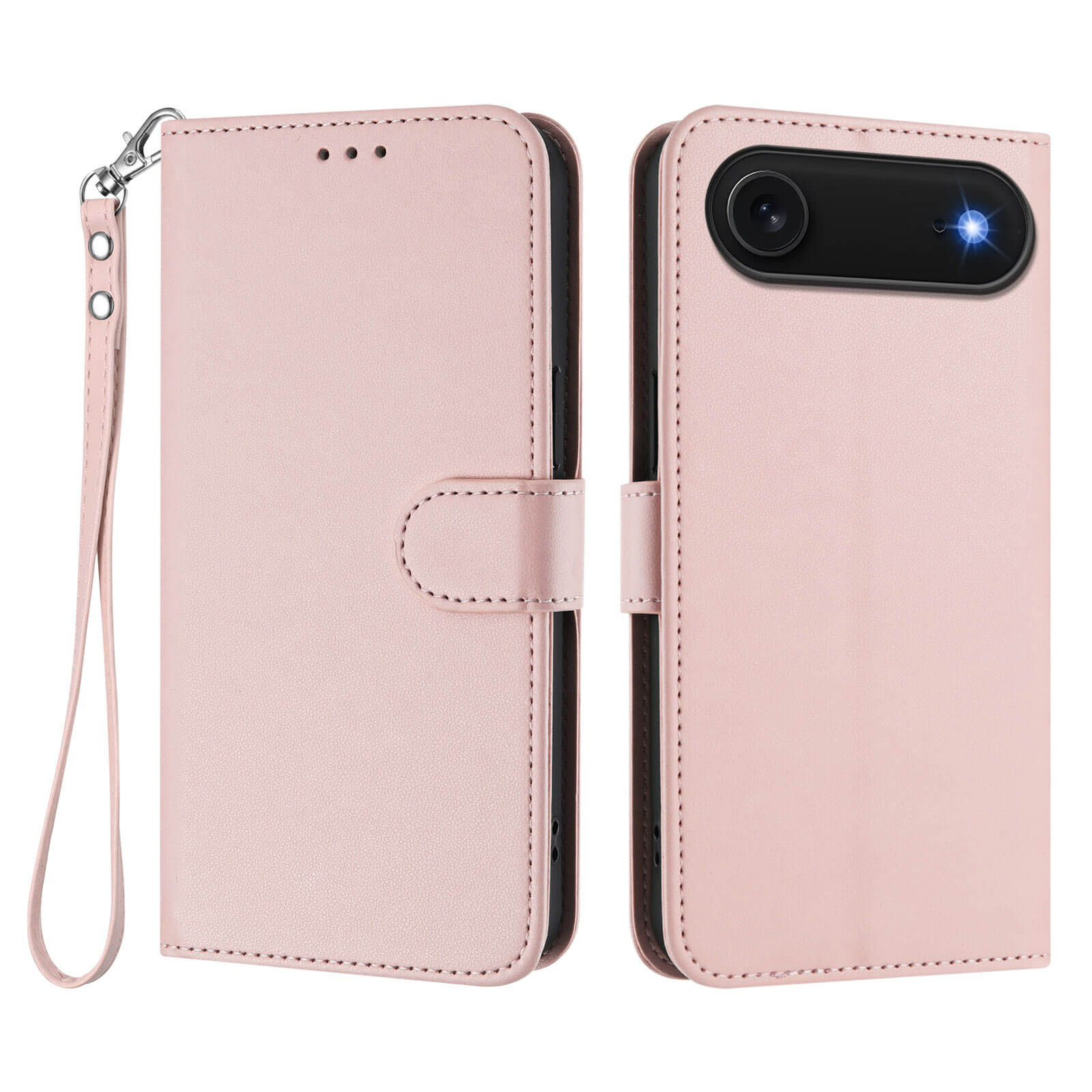 Das Cover-Discount iPhone 17 Air Glänzendes Hüllen Etui aus hellrosa PU-Leder mit Handschlaufe wird geschlossen und offen gezeigt, inklusive aktiviertem Kamera-Blitz.