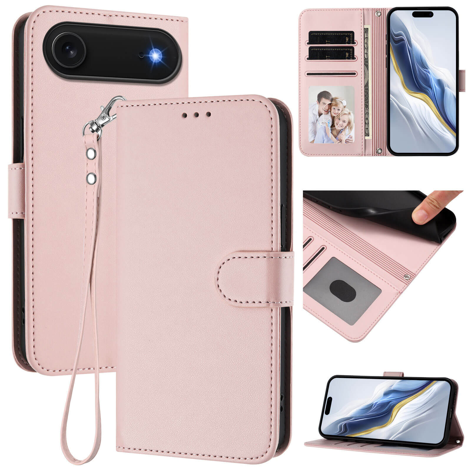 Das Cover-Discount iPhone 17 Air - Glänzendes Hüllen Etui mit Handschlaufe aus pinkem PU-Leder bietet Kartenfächer, Magnetverschluss und wird offen sowie geschlossen präsentiert.