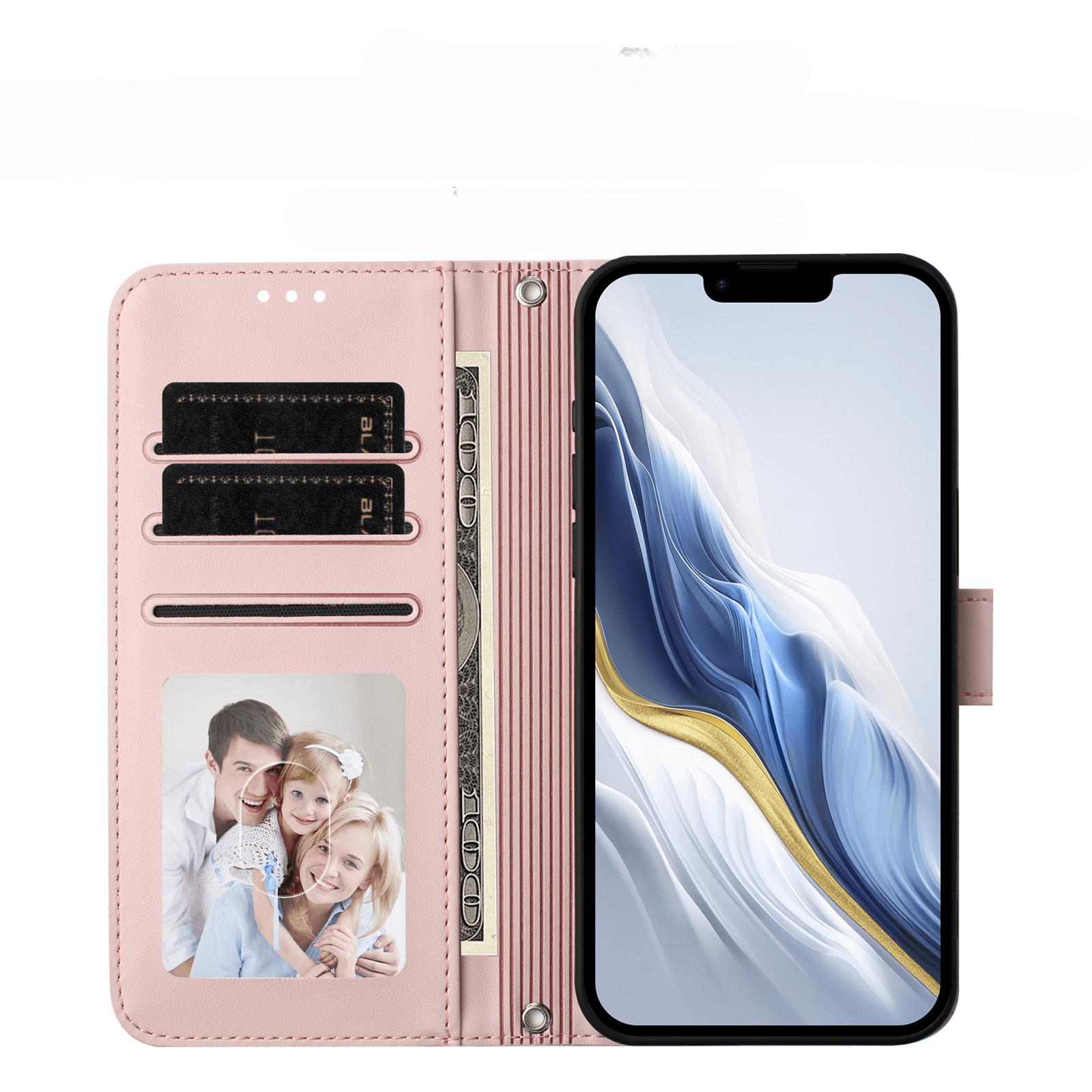 Das Cover-Discount iPhone 17 Air Glänzendes Hüllen Etui mit Handschlaufe hält dein Smartphone, Karten, Bargeld und ein Familienfoto sicher zusammen.