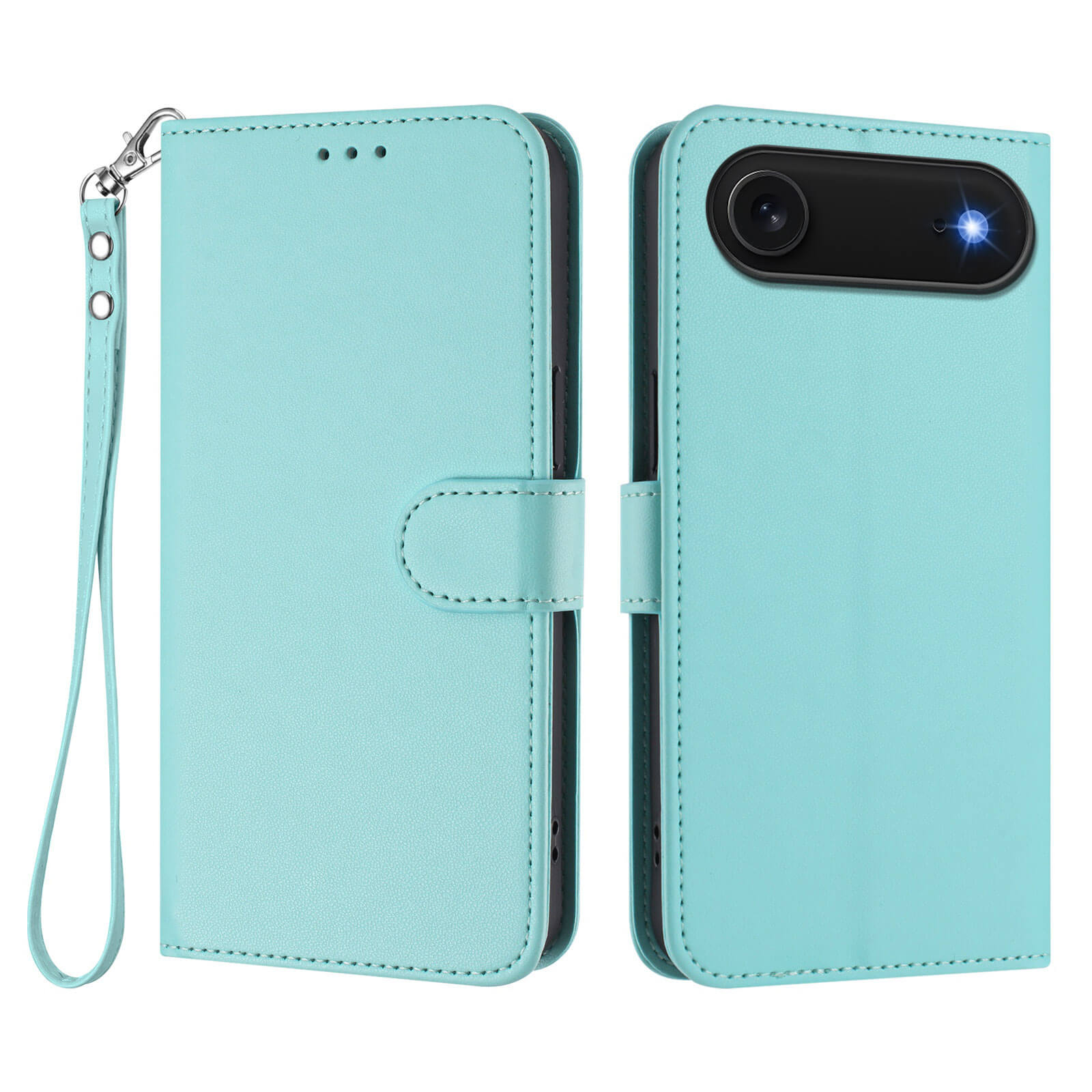 Das Cover-Discount iPhone 17 Air Glänzendes Hüllen Etui mit Handschlaufe in Hellblau schützt stilvoll, ermöglicht Blitzaufnahmen und ist offen sowie geschlossen einsetzbar.