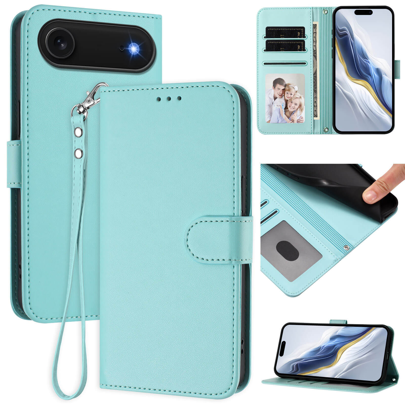 Cover-Discount's iPhone 17 Air - Glänzendes Hüllen Etui mit Handschlaufe in hellblau, mit Kartenfächern, Fotohalter, Ständer und Handschlaufe. Schutzhülle aus verschiedenen Blickwinkeln gezeigt.