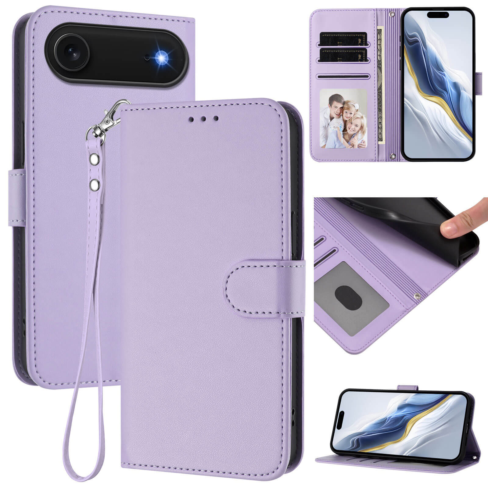 Das Cover-Discount iPhone 17 Air Glänzendes Hüllen Etui mit Handschlaufe bietet Kartenfächer, Fotohalter und Magnetverschluss - Schutzhülle in Lavendel in mehreren Ansichten.