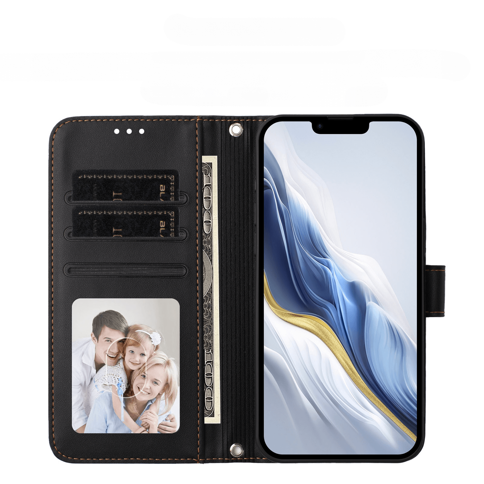 #farbe_schwarz|Das iPhone 17 - Glänzendes Hüllen Etui mit Handschlaufe von Cover-Discount ist geöffnet und zeigt Smartphone, Geldscheine, Karten sowie ein Familienfoto im Kartenfach.