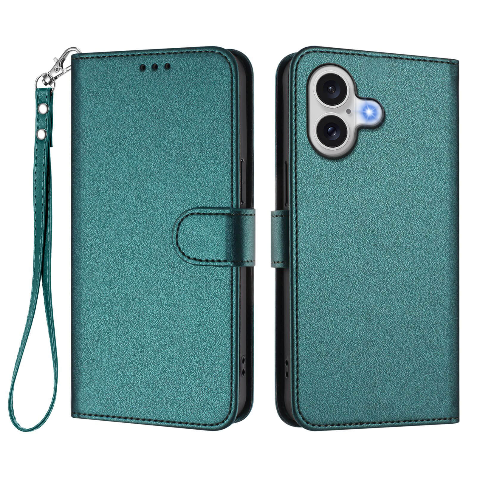 Das Cover-Discount iPhone 17 - Glänzendes Hüllen Etui mit Handschlaufe ist eine tealfarbene PU-Ledertasche im Brieftaschen-Stil mit Riemen, Kameraausschnitt und Magnetverschluss, die geöffnet und geschlossen einen eleganten Look bietet.