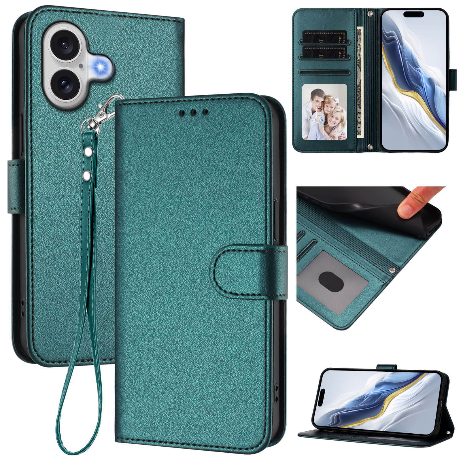 Das Cover-Discount iPhone 17 - Glänzendes Hüllen Etui mit Handschlaufe verfügt über Kartenfächer, Fotohalter, eine Handschlaufe und eine Standfunktion. Teal PU-Leder Design aus mehreren Blickwinkeln gezeigt.
