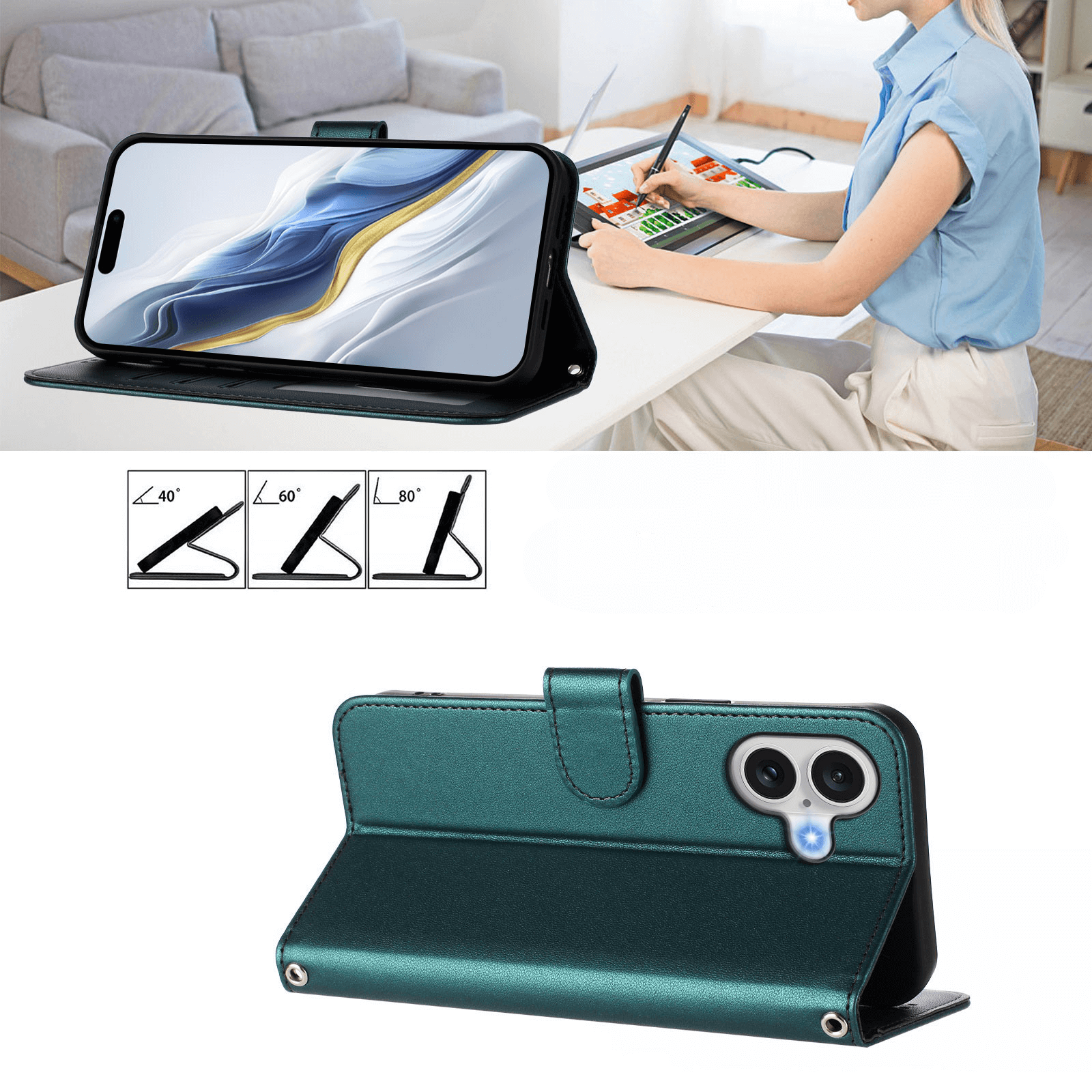 Ein iPhone 17 in einem grünen Cover-Discount Glänzendes Hüllen Etui mit Handschlaufe ist als Ständer aufgestellt, während im Hintergrund jemand an einem Schreibtisch arbeitet.