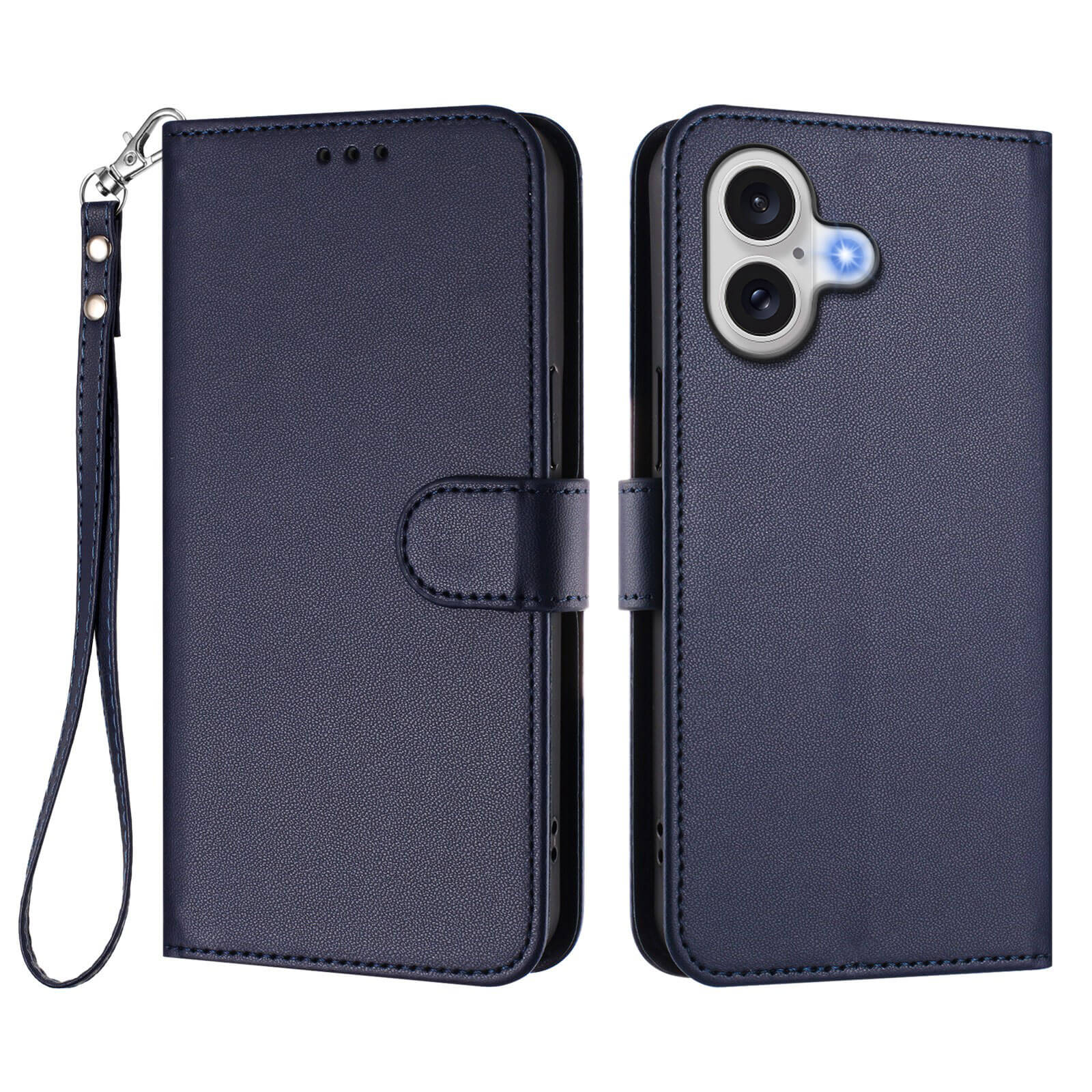 Das iPhone 17 - Glänzendes Hüllen Etui mit Handschlaufe von Cover-Discount in navy-blauem PU-Leder verfügt über Magnetverschluss und Handschlaufe - stilvoller Schutz, offen oder geschlossen verwendbar.