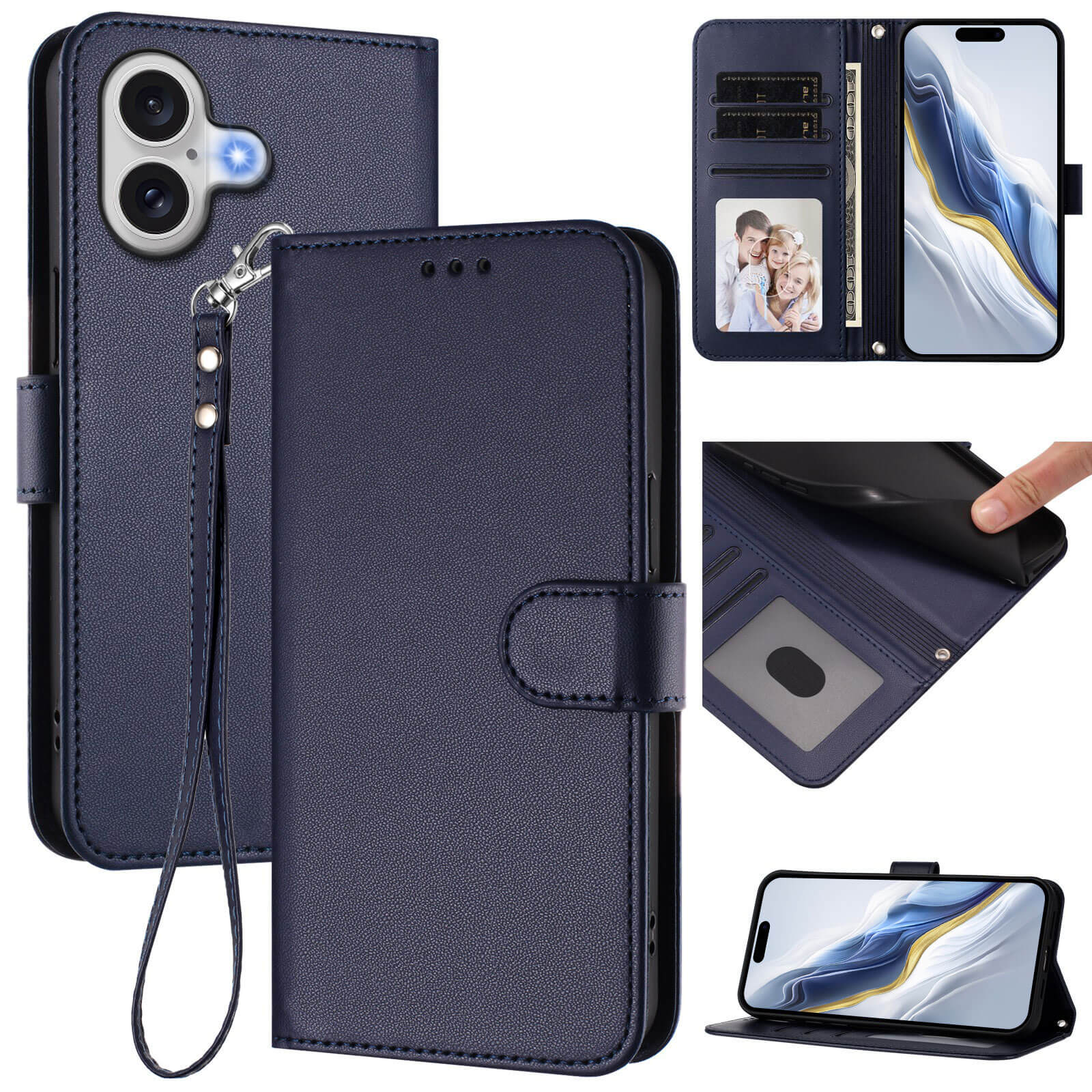 Das Cover-Discount iPhone 17 Glänzendes Hüllen Etui aus marineblauem PU-Leder verfügt über Kartenfächer, eine Handschlaufe und einen Standfuß, der aus verschiedenen Blickwinkeln gezeigt wird.