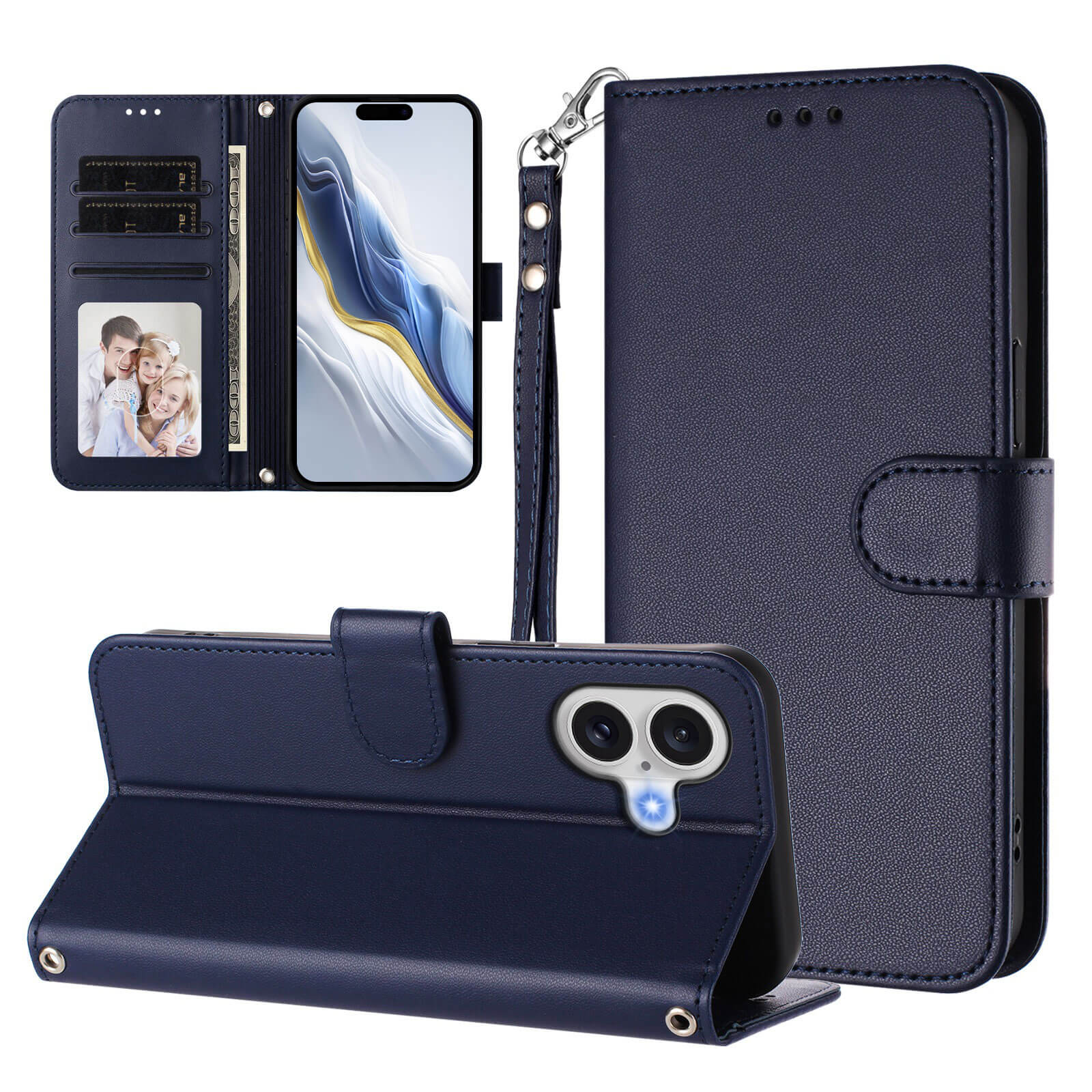 Das Cover-Discount iPhone 17 - Glänzendes Hüllen Etui mit Handschlaufe bietet stilvollen Schutz, Kartenfächer, Fototasche und Standfunktion in einem eleganten navyblauen PU-Leder Design.