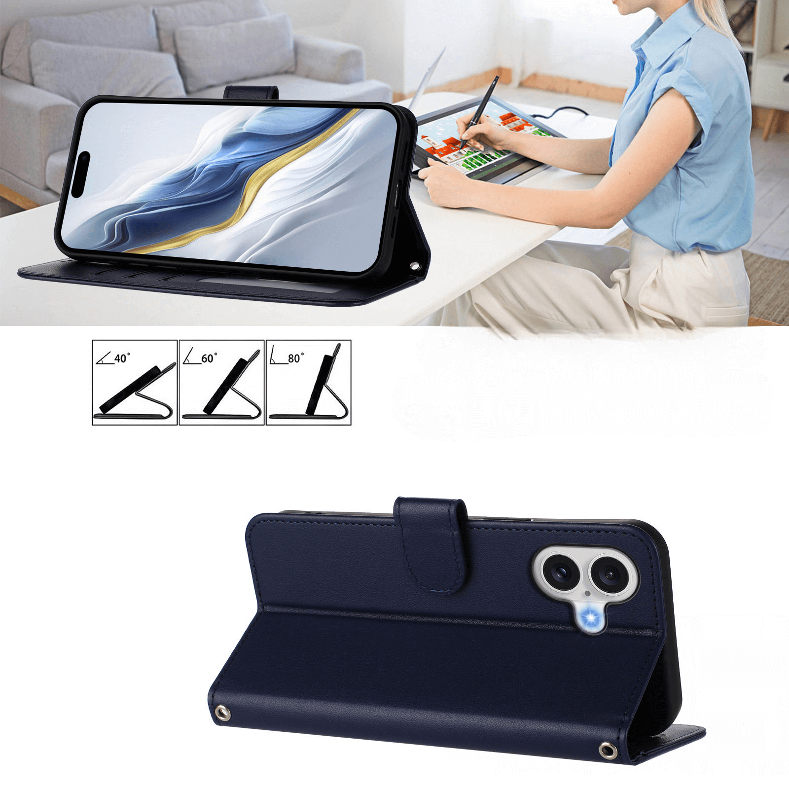 Ein iPhone 17 im glänzenden Hüllen Etui mit Handschlaufe von Cover-Discount steht aufrecht, während im Hintergrund eine Frau am Laptop arbeitet.