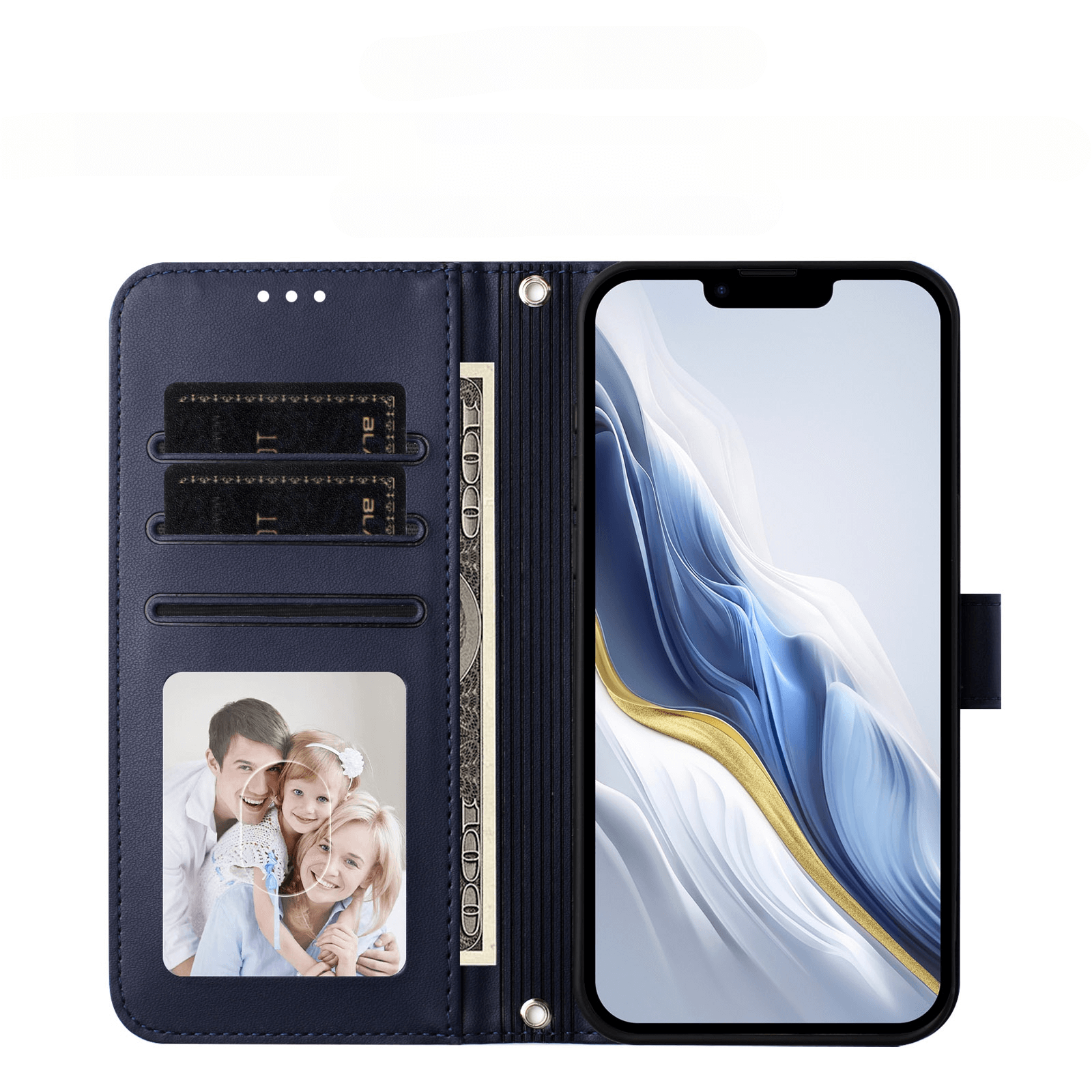 Die iPhone 17 - Glänzendes Hüllen Etui mit Handschlaufe von Cover-Discount aus PU-Leder bietet Karten-, Bargeld- und Fotofächer sowie Platz fürs Handy rechts - stilvoller Schutz in Navy.