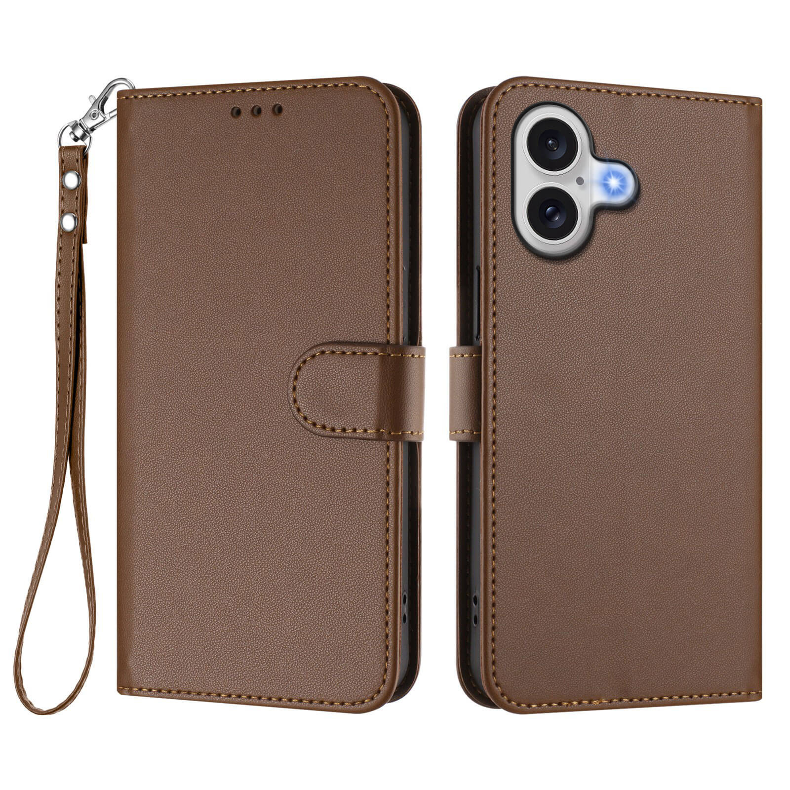 Cover-Discount iPhone 17 - Glänzendes Hüllen Etui mit Handschlaufe in Braun, mit Kameraausschnitt für eleganten Schutz. Geschlossen und von hinten gezeigt.