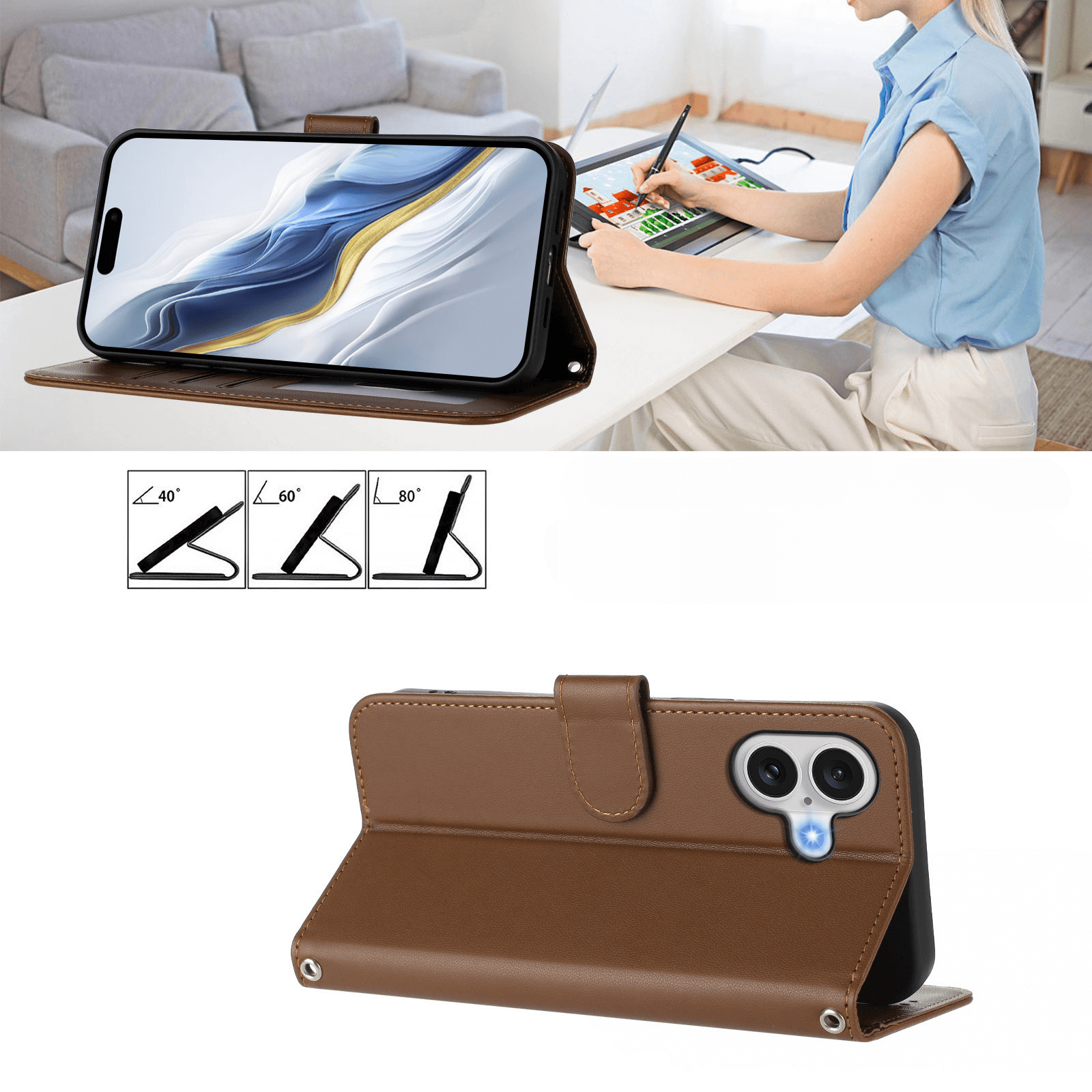 Eine Frau arbeitet an ihrem Laptop, während ein iPhone 17 auf einem Schreibtisch im Cover-Discount Glänzendes Hüllen Etui mit Handschlaufe steht.