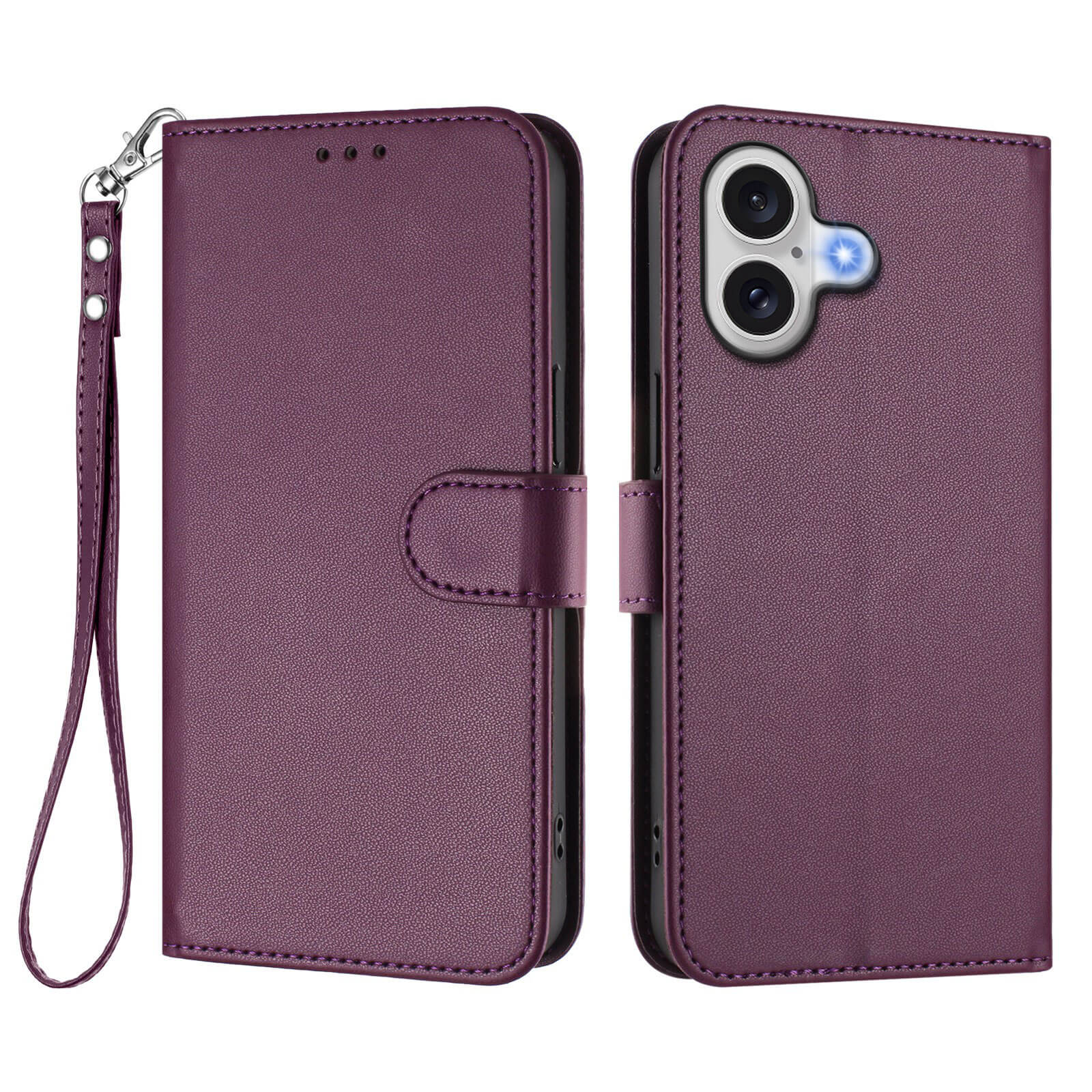 Das Cover-Discount iPhone 17 Glänzendes Hüllen Etui mit Handschlaufe in Lila PU-Leder, präsentiert Vorder- und Rückansicht, ist ideal als Schutzhülle für Dual-Kamera-Smartphones.