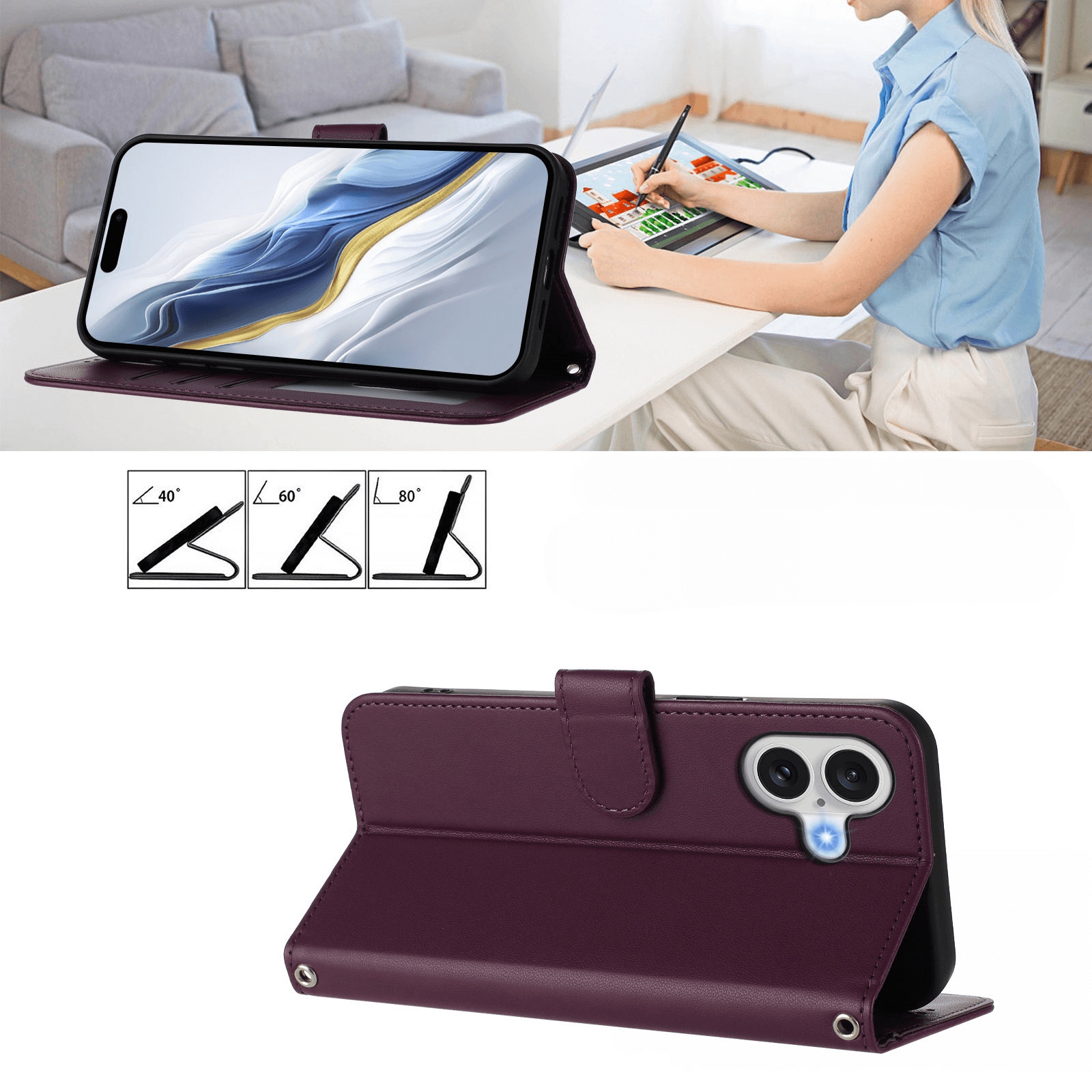 Eine Frau arbeitet an ihrem Schreibtisch mit einem Cover-Discount iPhone 17 - Glänzendes Hüllen Etui mit Handschlaufe in einem lilafarbenen Ständer; Nahaufnahmen heben die PU-Leder-Verarbeitung der Handyhülle aus verschiedenen Blickwinkeln hervor.