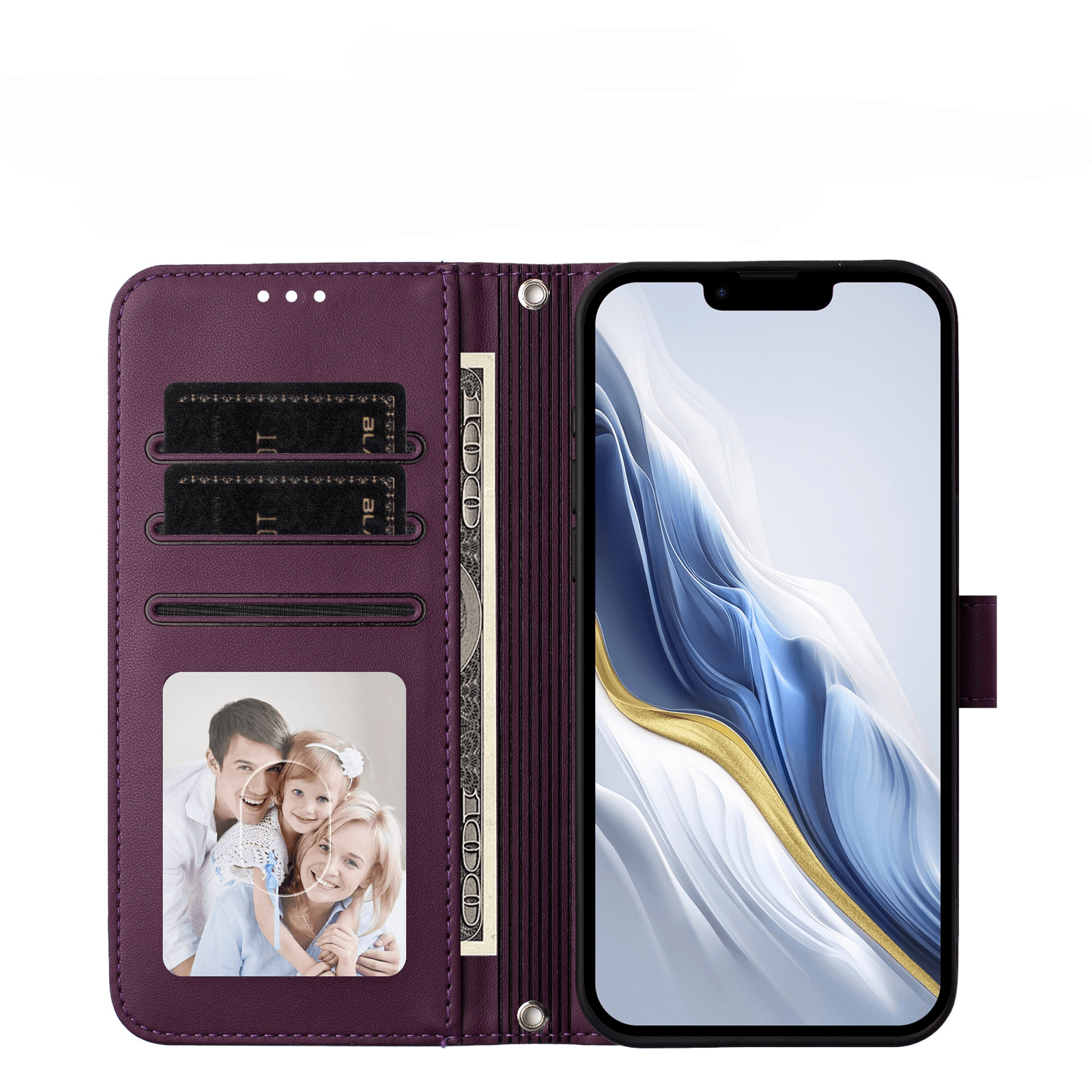 The Cover-Discount iPhone 17 Glänzendes Hüllen Etui mit Handschlaufe hält Smartphone, Bargeld, Karten und ein Familienfoto sicher und stilvoll.