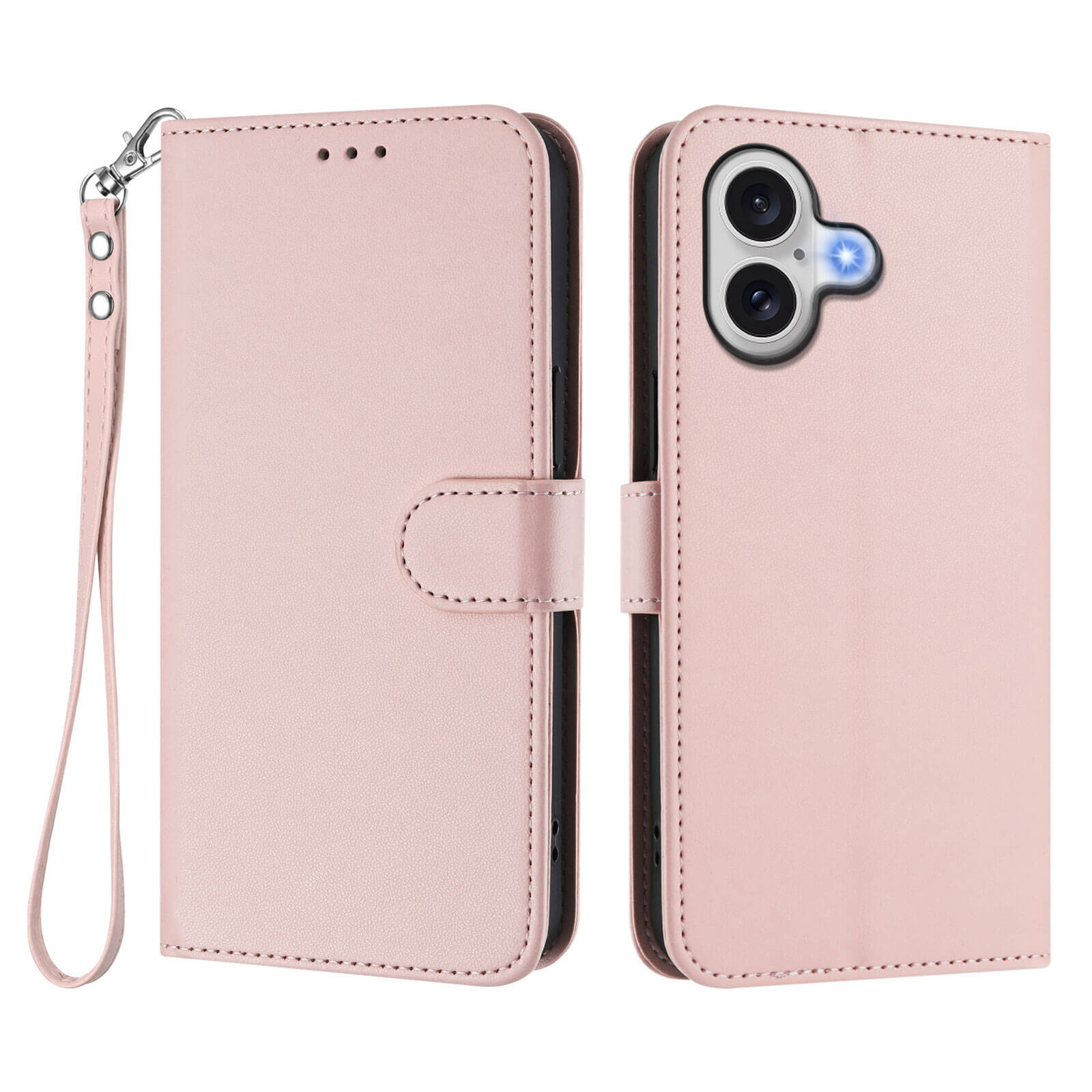 Cover-Discount iPhone 17 - Glänzendes Hüllen-Etui mit Handschlaufe: Wallet-Case aus PU-Leder in Hellrosa, schützt das Dual-Kamera-Handy elegant und bietet stilvollen Look; Vorder- und Rückansicht geschlossen dargestellt.