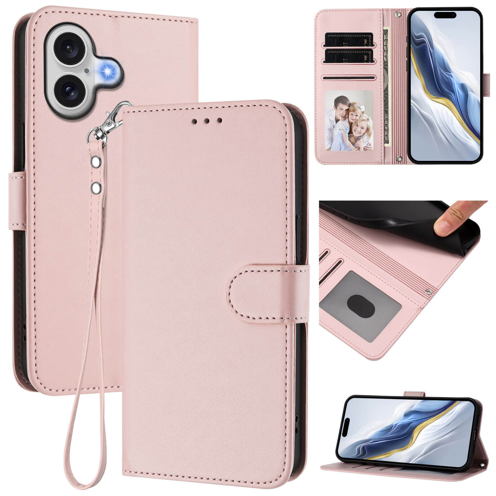 Die iPhone 17 Glänzendes Hüllen Etui mit Handschlaufe von Cover-Discount bietet stilvollen PU-Leder-Schutz in Pink, Kartenfächer, Fotohalter, Standfunktion für variablen Blickwinkel und praktisches Design.