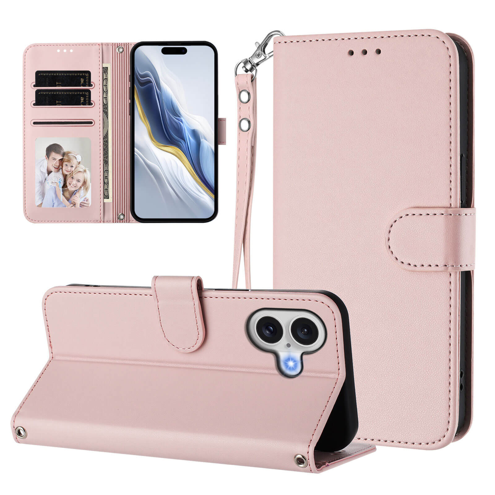 Das Cover-Discount iPhone 17 - Glänzendes Hüllen Etui mit Handschlaufe bietet Kartenfächer, Fotofach, Standfunktion und wird hier mit Smartphone gezeigt. Perfekt geschützt im schicken Pink!.