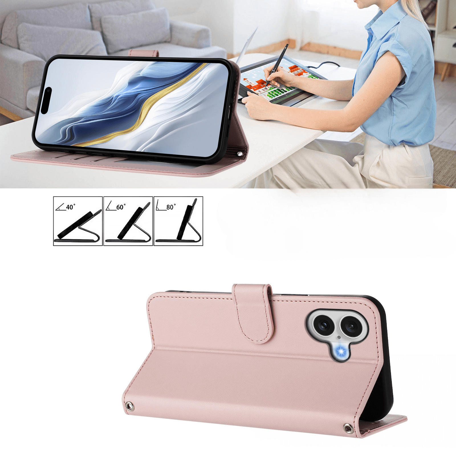 Cover-Discount iPhone 17 - Glänzendes Hüllen Etui mit Handschlaufe hält ein Smartphone aufrecht auf dem Tisch; im Hintergrund arbeitet eine Frau an ihrem Schreibtisch.