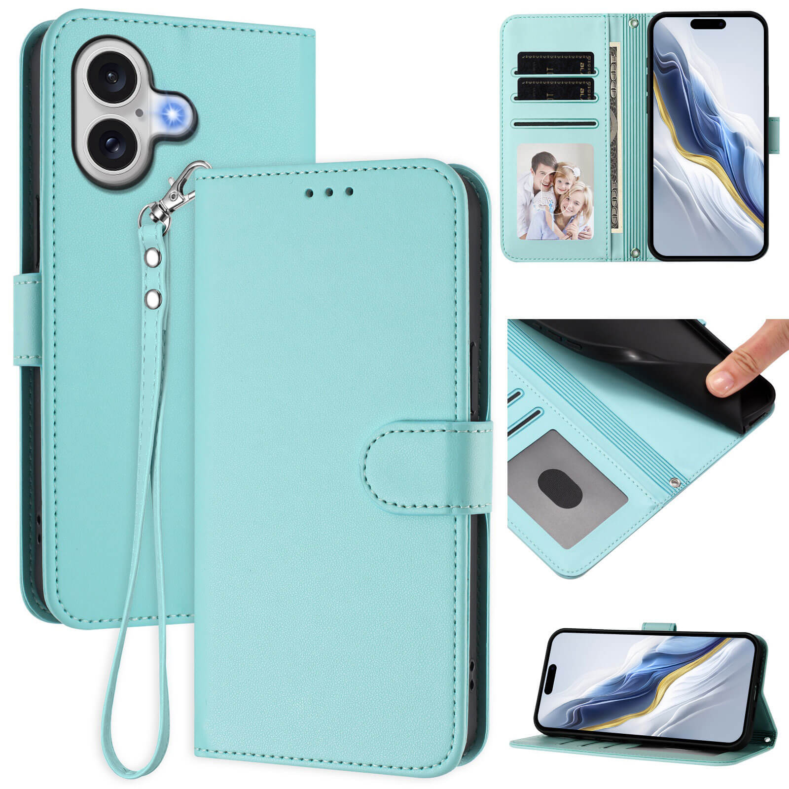 Cover-Discount iPhone 17 Glänzendes Hüllen Etui mit Handschlaufe: Aqua Blau, Kartenfächer und Standfunktion - die perfekte Schutzhülle für dein Smartphone!.