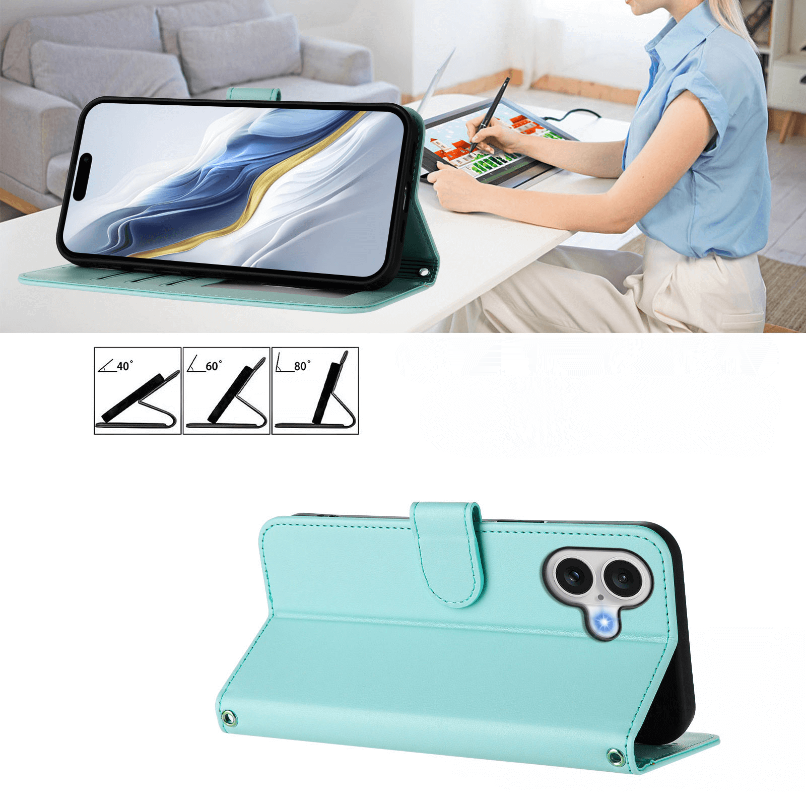 Eine Frau benutzt einen tealfarbenen Telefonständer an ihrem Schreibtisch; Diagramme zeigen verstellbare Winkel für ihr iPhone 17, das durch das Cover-Discount Glänzendes Hüllen Etui mit Handschlaufe geschützt wird.