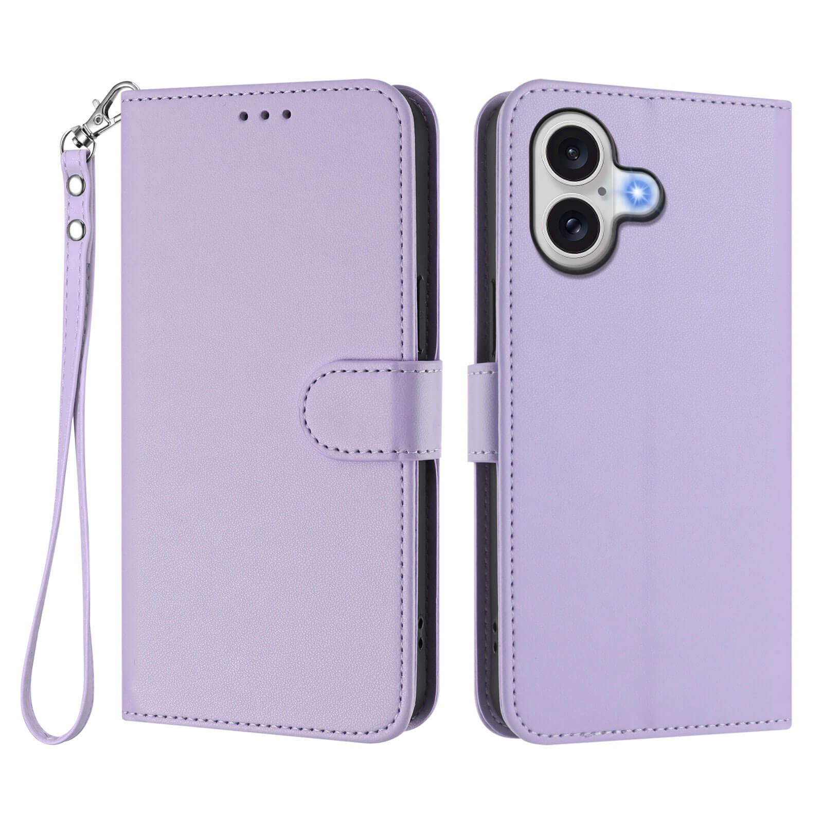 Cover-Discount iPhone 17 - Glänzendes Hüllen Etui mit Handschlaufe aus PU-Leder in Helllila, Schutzhülle mit Kameraausschnitten, präsentiert offen und geschlossen.