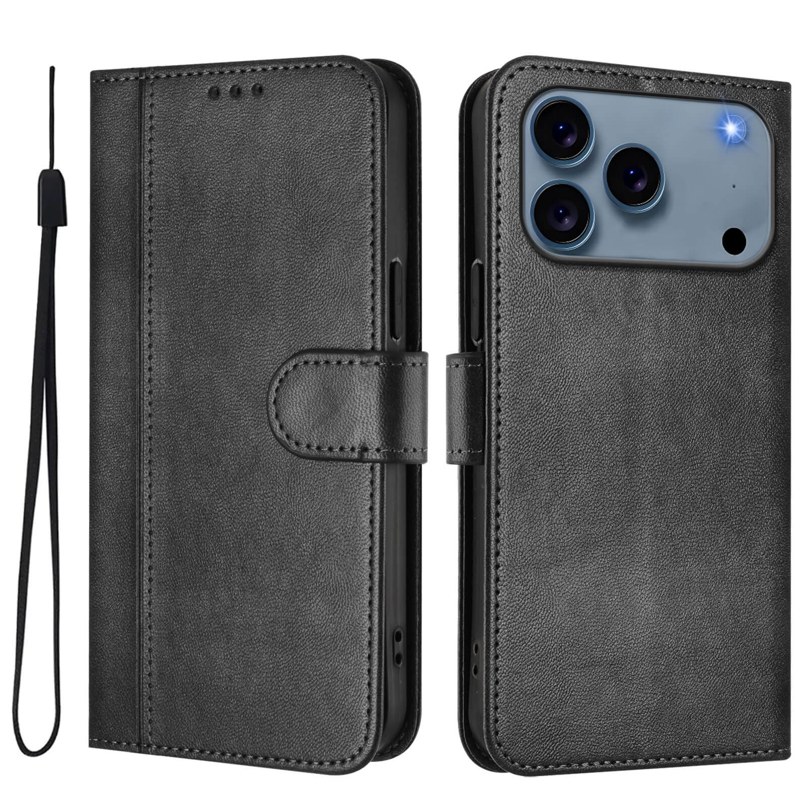 Cover-Discount's iPhone 17 Pro Max - Wildleder Look Etui im Vintage Design: schwarzes Lederetui mit Handgelenkschlaufe, offen/geschlossen mit Telefon im Inneren dargestellt. Kombiniert Eleganz und Funktion für Liebhaber des Vintage-Stils.