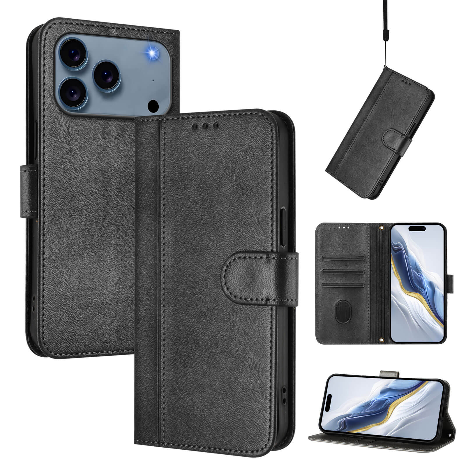 Das Cover-Discount iPhone 17 Pro Max - Wildleder Look Etui im Vintage Design verfügt über Kartenfächer und eine schwarze Lederoptik, die offen, geschlossen und in verschiedenen Betrachtungswinkeln präsentiert wird.