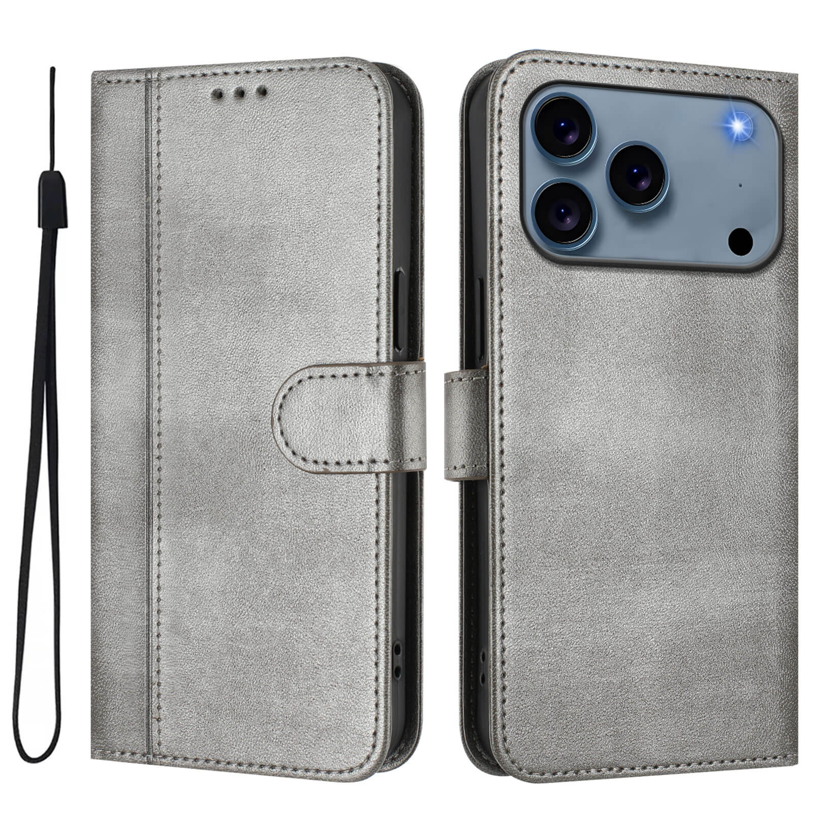 Das iPhone 17 Pro Max Wildleder Look Etui im Vintage Design von Cover-Discount, das offen und geschlossen mit einem Telefon im Inneren gezeigt wird, verfügt über eine elegante silberne Hülle in Wildlederoptik und eine praktische Handschlaufe.