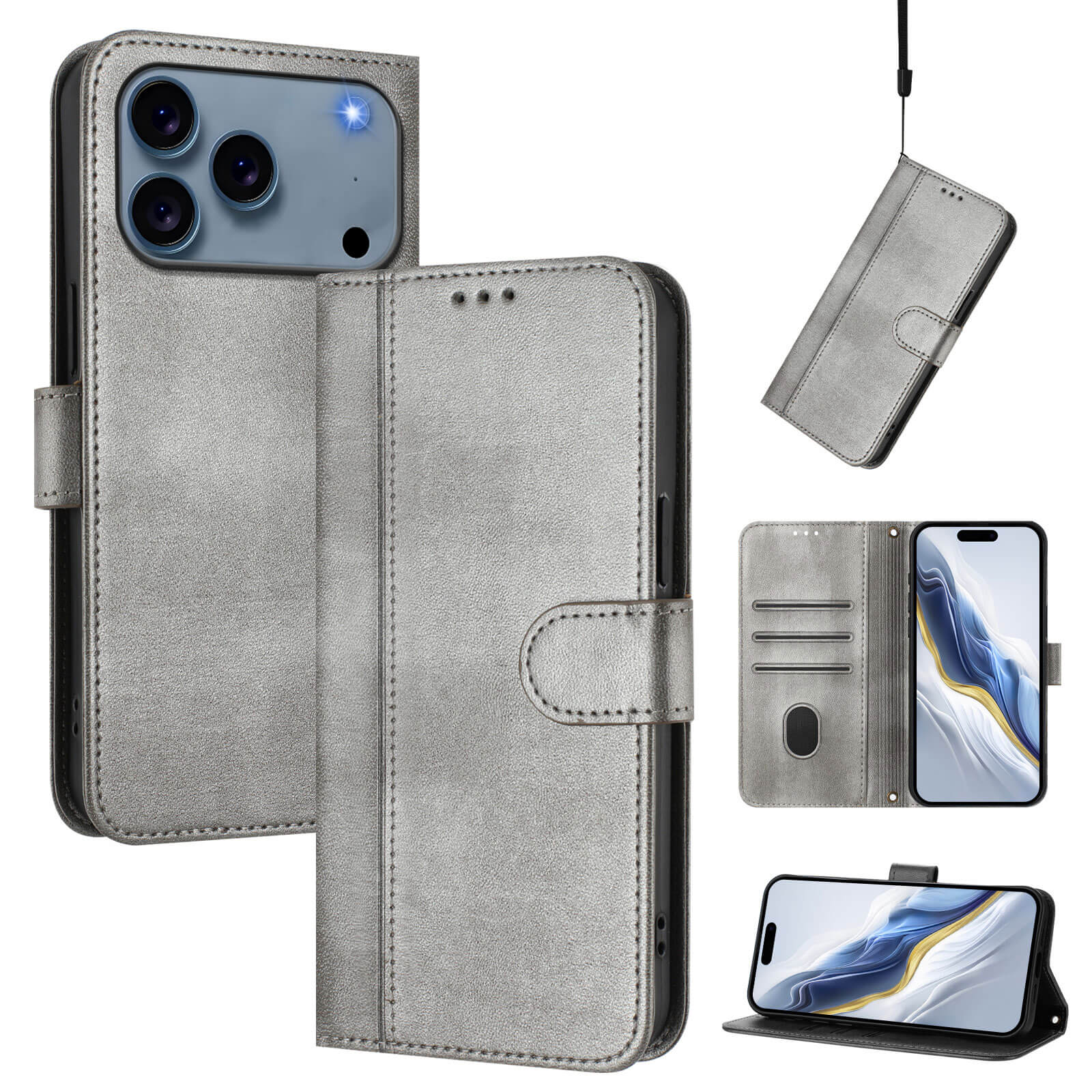 Cover-Discount's iPhone 17 Pro Max - Wildleder Look Etui im Vintage Design: Abgebildet geschlossen, offen mit Kartenfächern und als Ständer; Telefon nicht enthalten. Ideale Vintage-Stil Brieftasche Fall für Ihr Gerät.