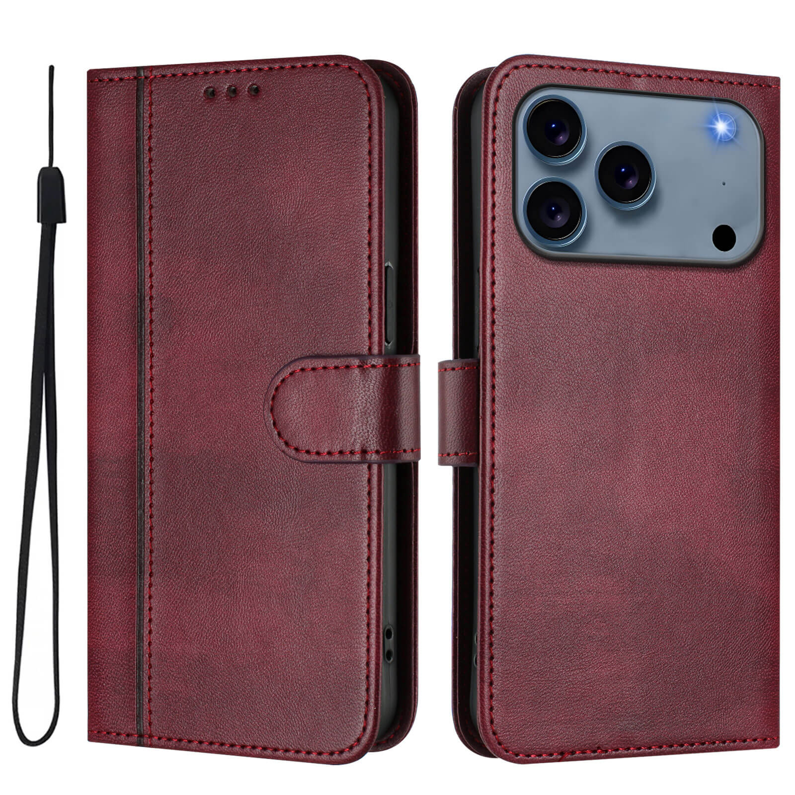 Cover-Discount's iPhone 17 Pro Max - Wildleder Look Etui im Vintage Design: rote Ledertasche mit Handgelenkschlaufe, Vintage Style, Vorder- und Rückseite abgebildet; kompatibel mit Modellen mit dreifacher Rückkamera.