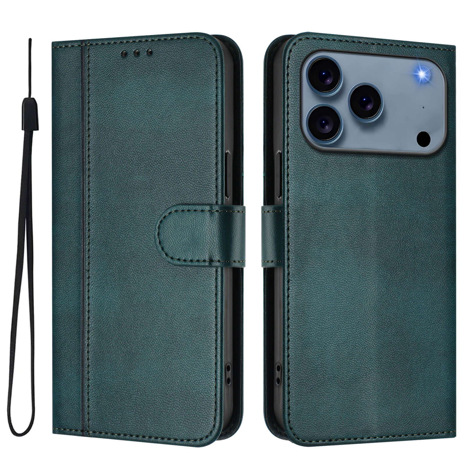 Das offen und geschlossen gezeigte iPhone 17 Pro Max - Wildleder Look Etui im Vintage Design von Cover-Discount verfügt über eine tealfarbene Lederoptik mit Handgelenkschlaufe zur sicheren und stilvollen Aufbewahrung des Smartphones.
