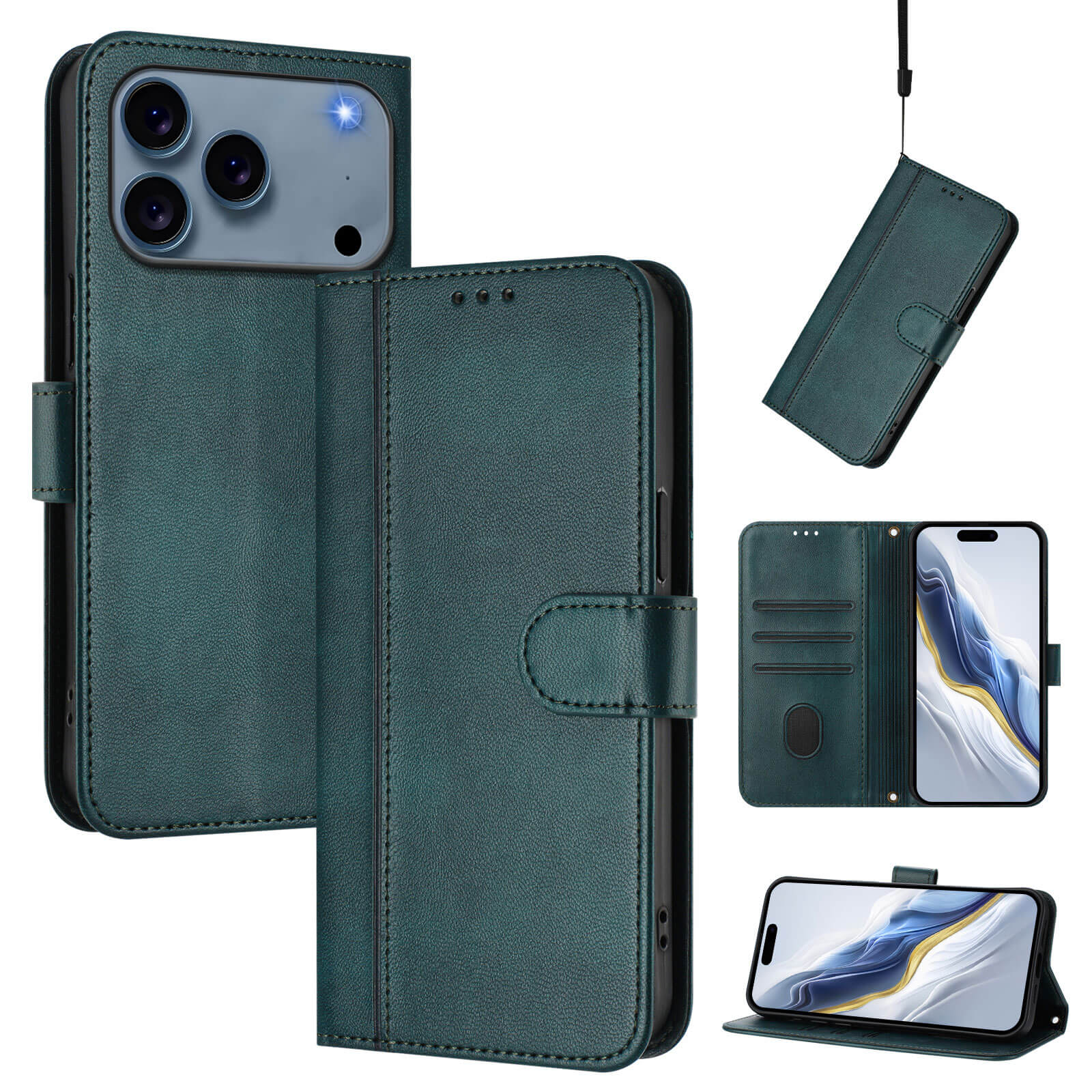 Die iPhone 17 Pro Max Wildleder Look Etui im Vintage Design von Cover-Discount bietet Kartenfächer, Magnetverschluss und Standfunktion - in mehreren Ansichten präsentiert.