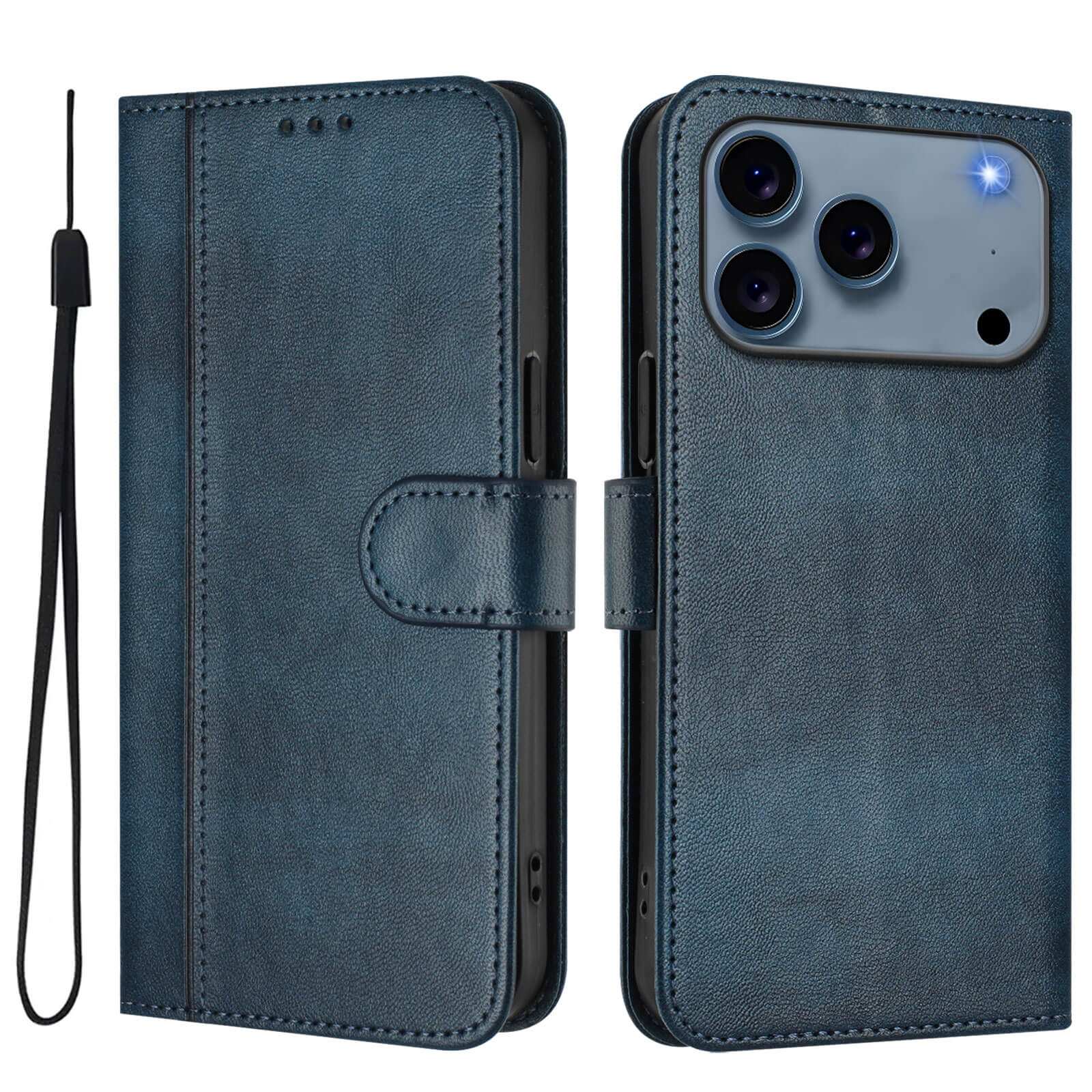 Das Cover-Discount iPhone 17 Pro Max - Wildleder Look Etui im Vintage Design besteht aus einer blauen Handyhülle in Lederoptik mit Handgelenkschlaufe, die stilvoll geöffnet und geschlossen gezeigt wird, mit einem Telefon im Inneren.