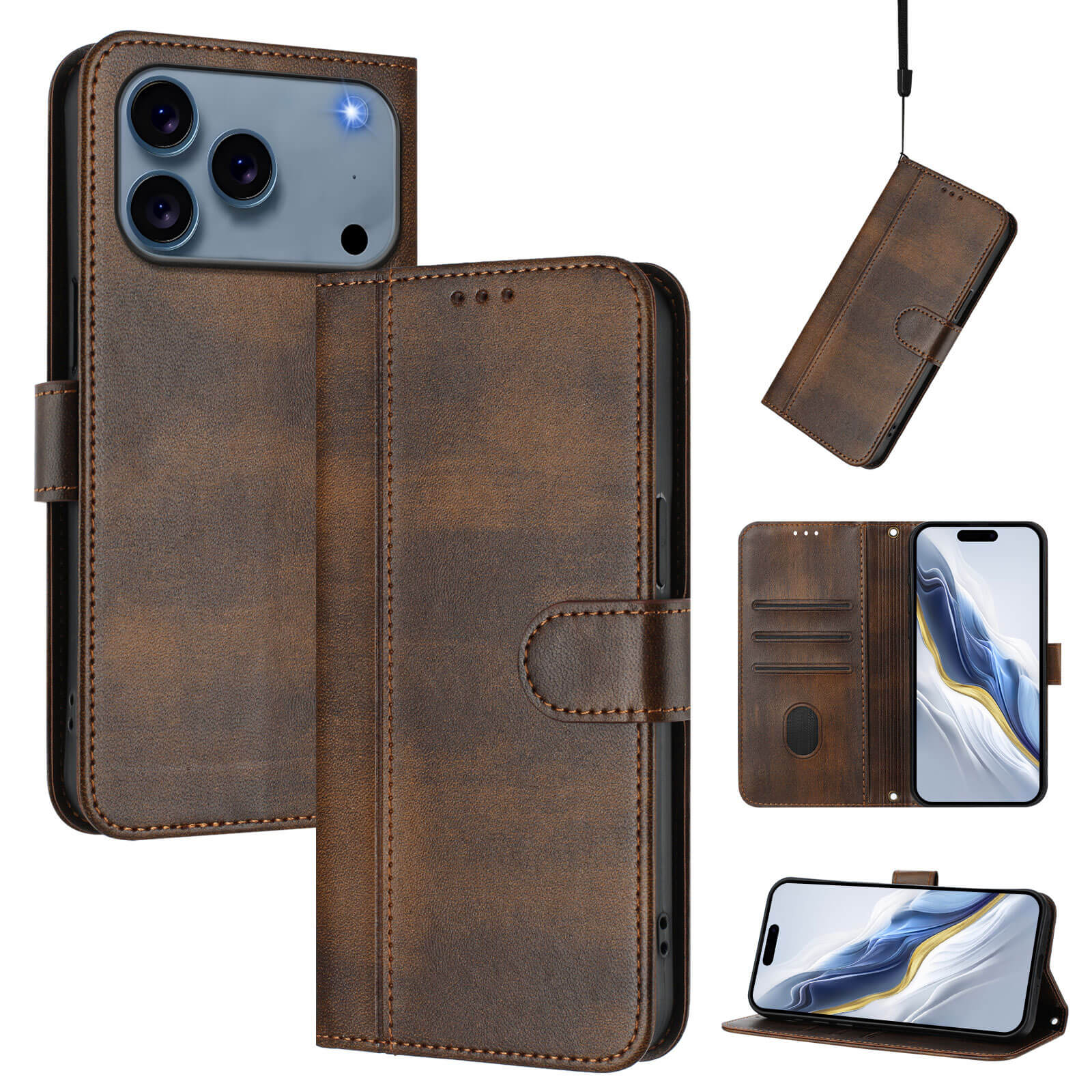 Das Cover-Discount iPhone 17 Pro Max Wildleder Look Etui im Vintage Design wird geschlossen, offen, an einem Lanyard und als Ständer für Ihr Smartphone gezeigt.