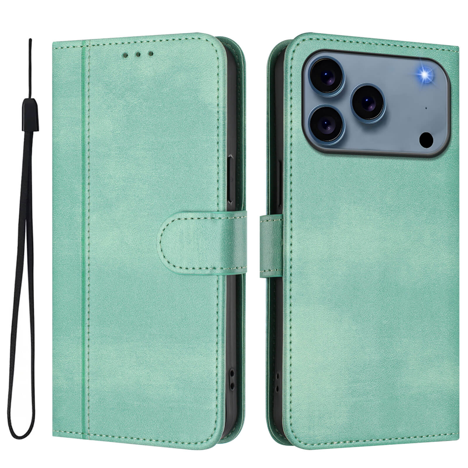 #farbe_hellgrün|Cover-Discount iPhone 17 Pro - Retro Look Etui im Vintage Design in Mintgrün, mit Kartenfächern, Kameraaussparung, Schlaufe und Magnetverschluss - geöffnet und geschlossen abgebildet.