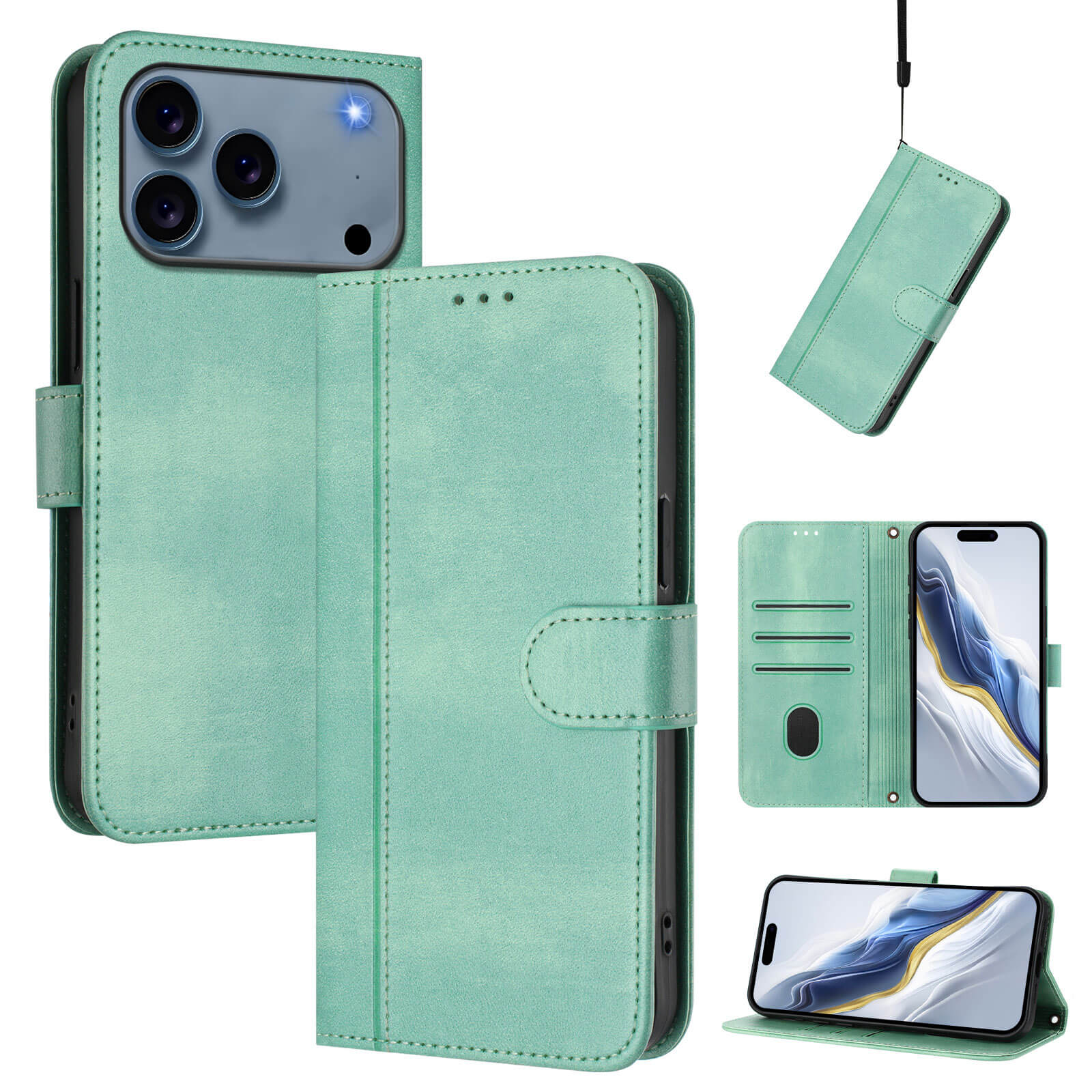 #farbe_hellgrün|Die Cover-Discount iPhone 17 Pro - Retro Look Etui im Vintage Design bietet Kartenfächer, Magnetverschluss und Standfunktion im mintgrünen Leder-Look.