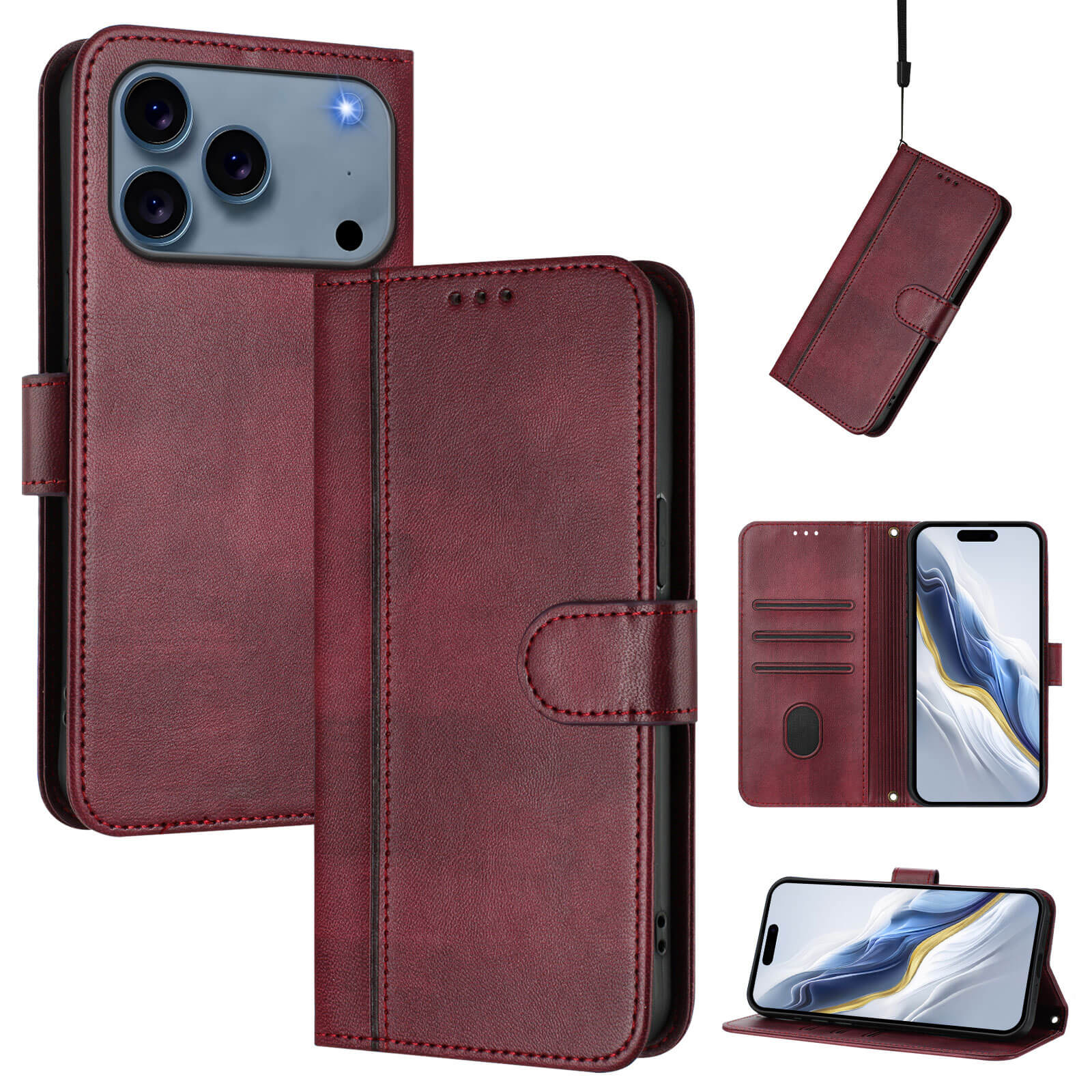 Cover-Discount's iPhone 17 Pro - Retro Look Etui im Vintage Design in kastanienbraunem Leder, offen, geschlossen und als Ständer abgebildet, mit praktischen Kartenfächern im Inneren für den praktischen Einsatz.