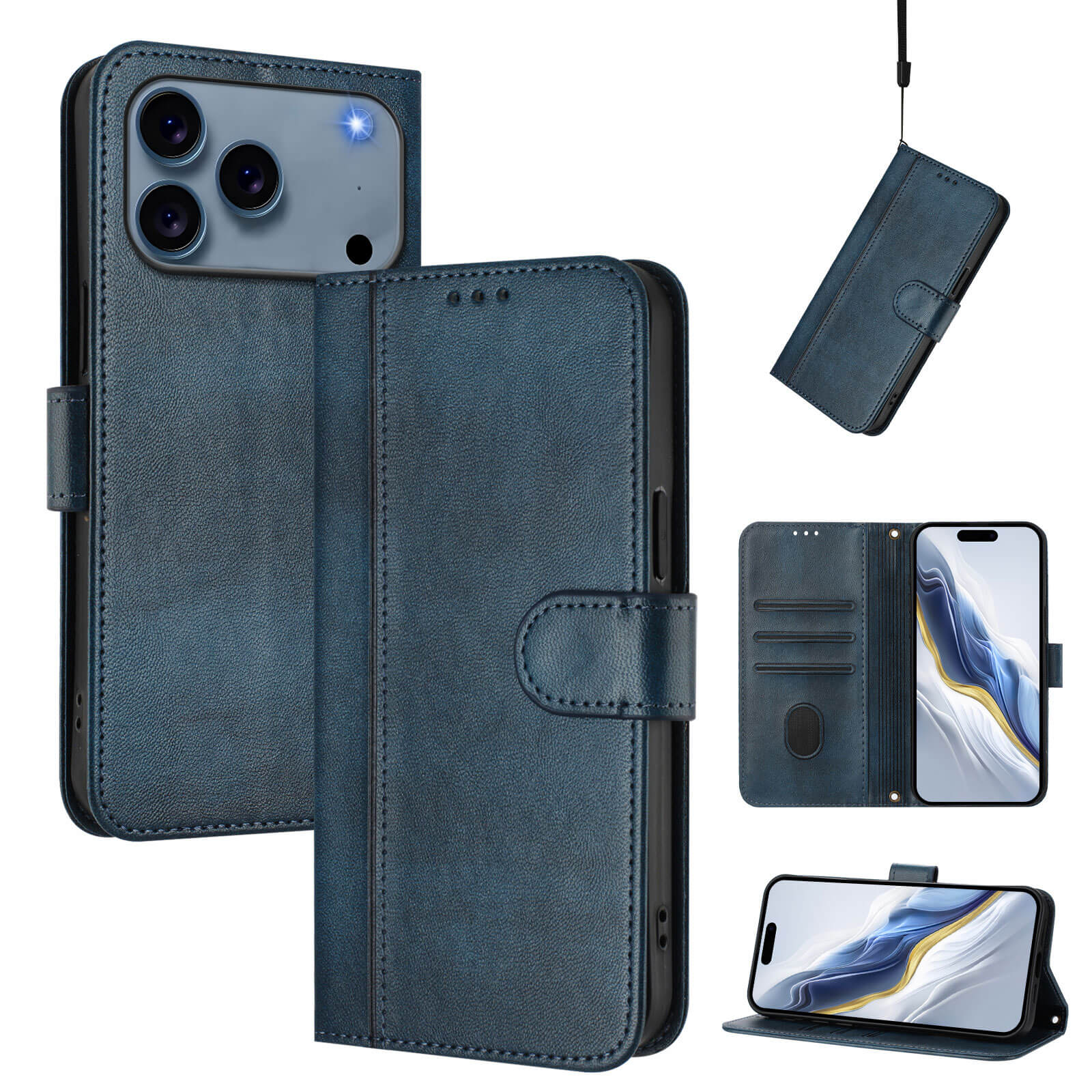 Die Cover-Discount iPhone 17 Pro - Retro Look Etui im Vintage Design Hülle aus blauem Leder verfügt über Kartenfächer, einen praktischen Ständer und lässt sich aus mehreren Blickwinkeln betrachten - ideal als iPhone 17 Pro Handyhülle.