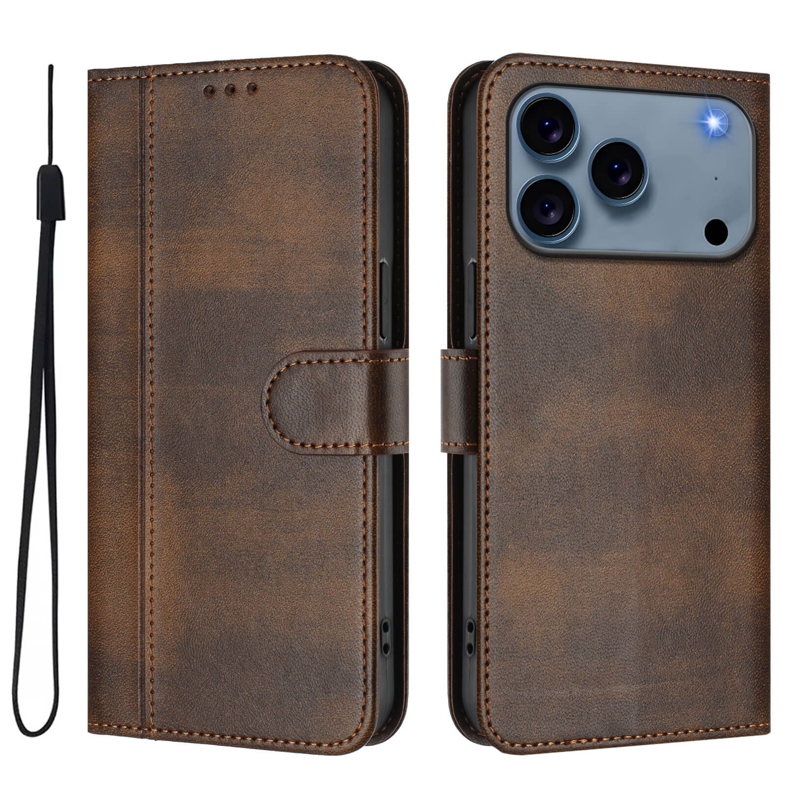 Cover-Discount iPhone 17 Pro - Retro Look Etui im Vintage Design: braunes Leder Wallet Case mit Magnetverschluss, Handgelenkschlaufe und Kartenfächern, offen und geschlossen mit iPhone 17 Pro gezeigt.